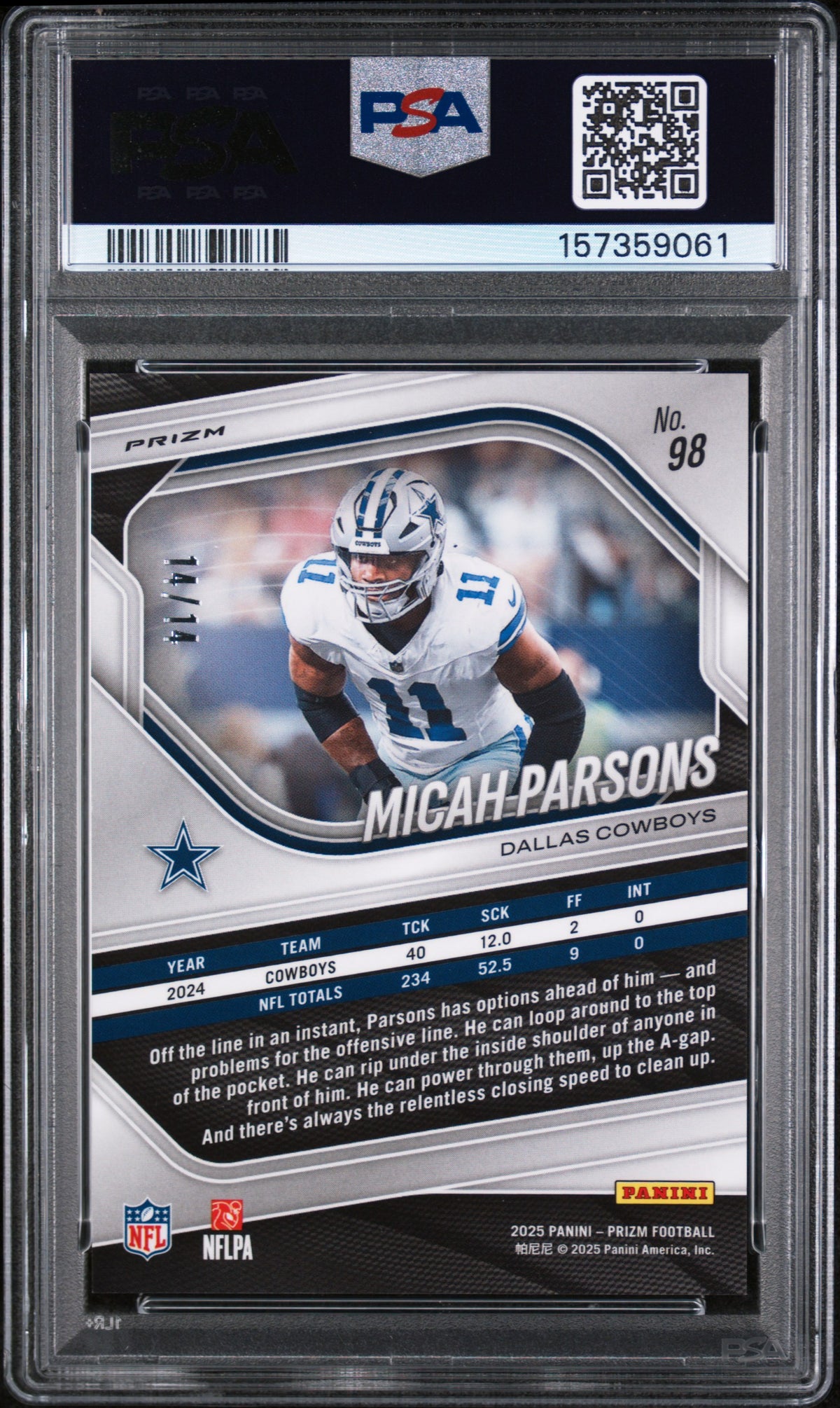 2025 Panini Prizm Blue Choice Micah Parsons #98 /14 PSA 10