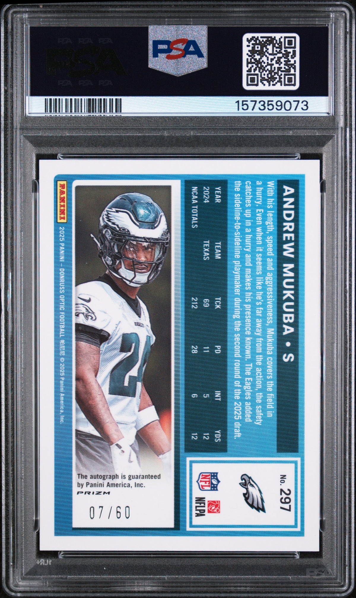 2025 Panini Donruss Optic Autograph-Black Gold Andrew Mukuba #297 /60 PSA 9