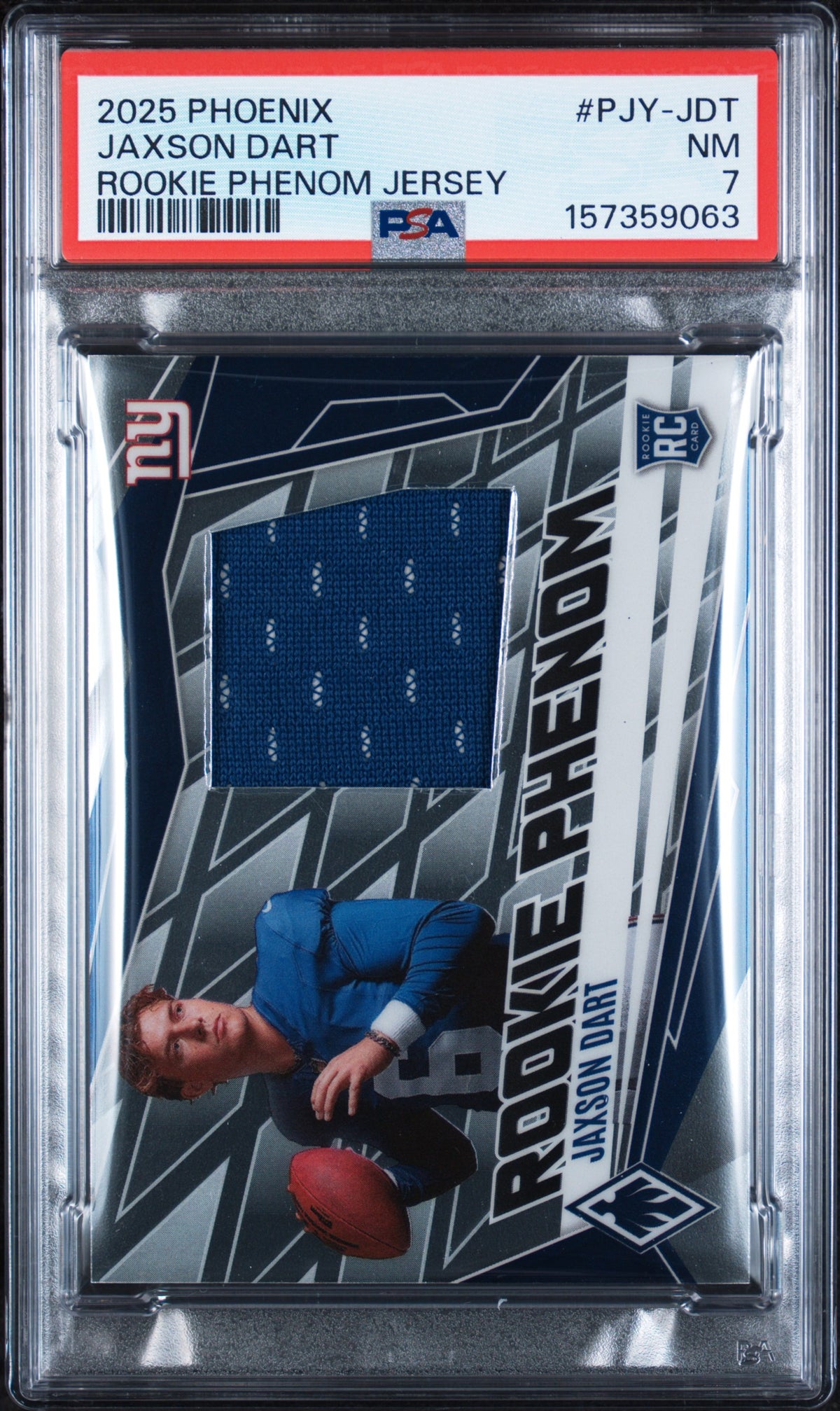 2025 Panini Phoenix Rookie Phenom Jersey Jaxson Dart #PJY-JDT PSA 7