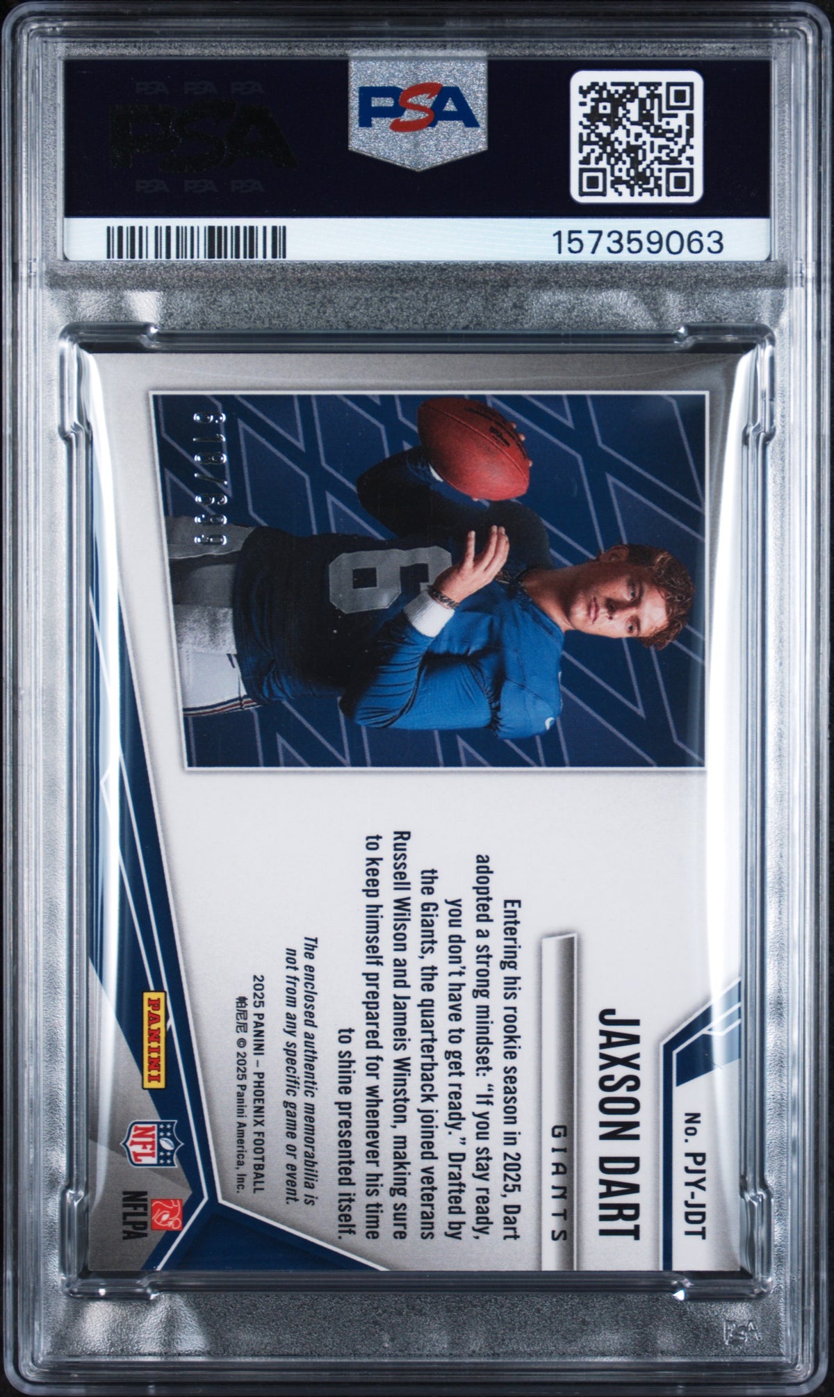 2025 Panini Phoenix Rookie Phenom Jersey Jaxson Dart #PJY-JDT PSA 7