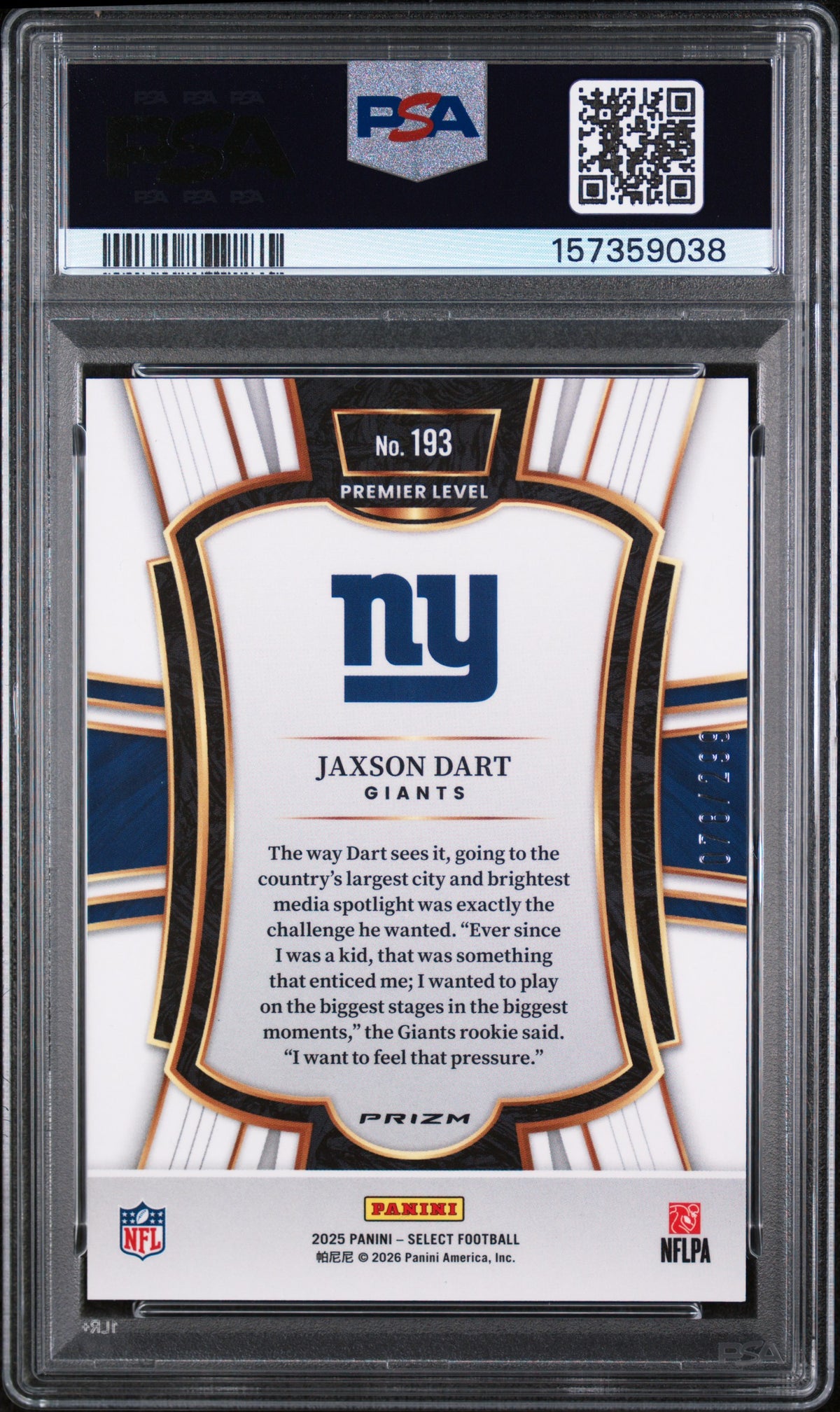 2025 Select Prizm Tri Color Jaxson Dart #193 /299 PSA 10
