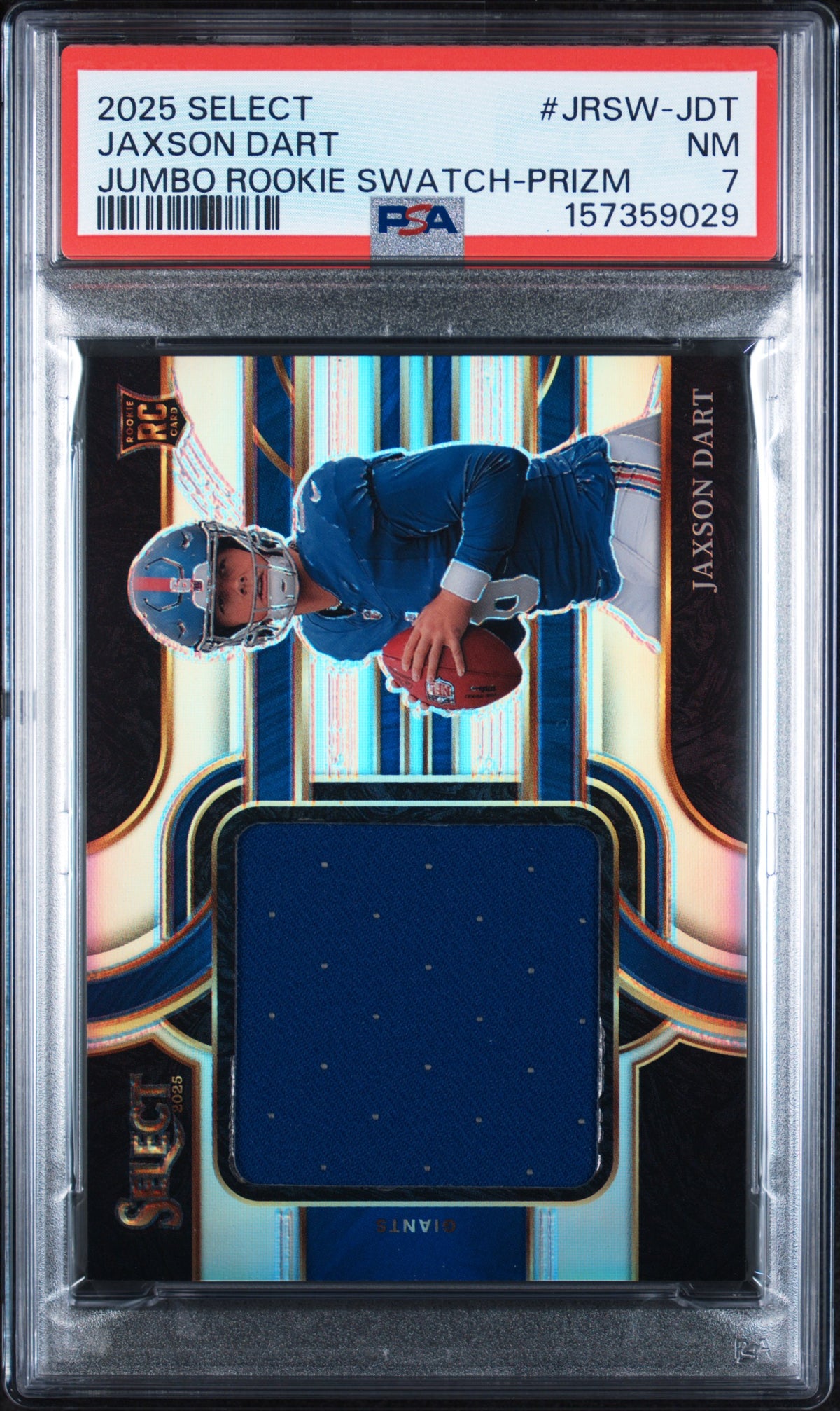 2025 Panini Select Jumbo Rookie Swatch Prizm Jaxson Dart #JRSW-JDT /149 PSA 7
