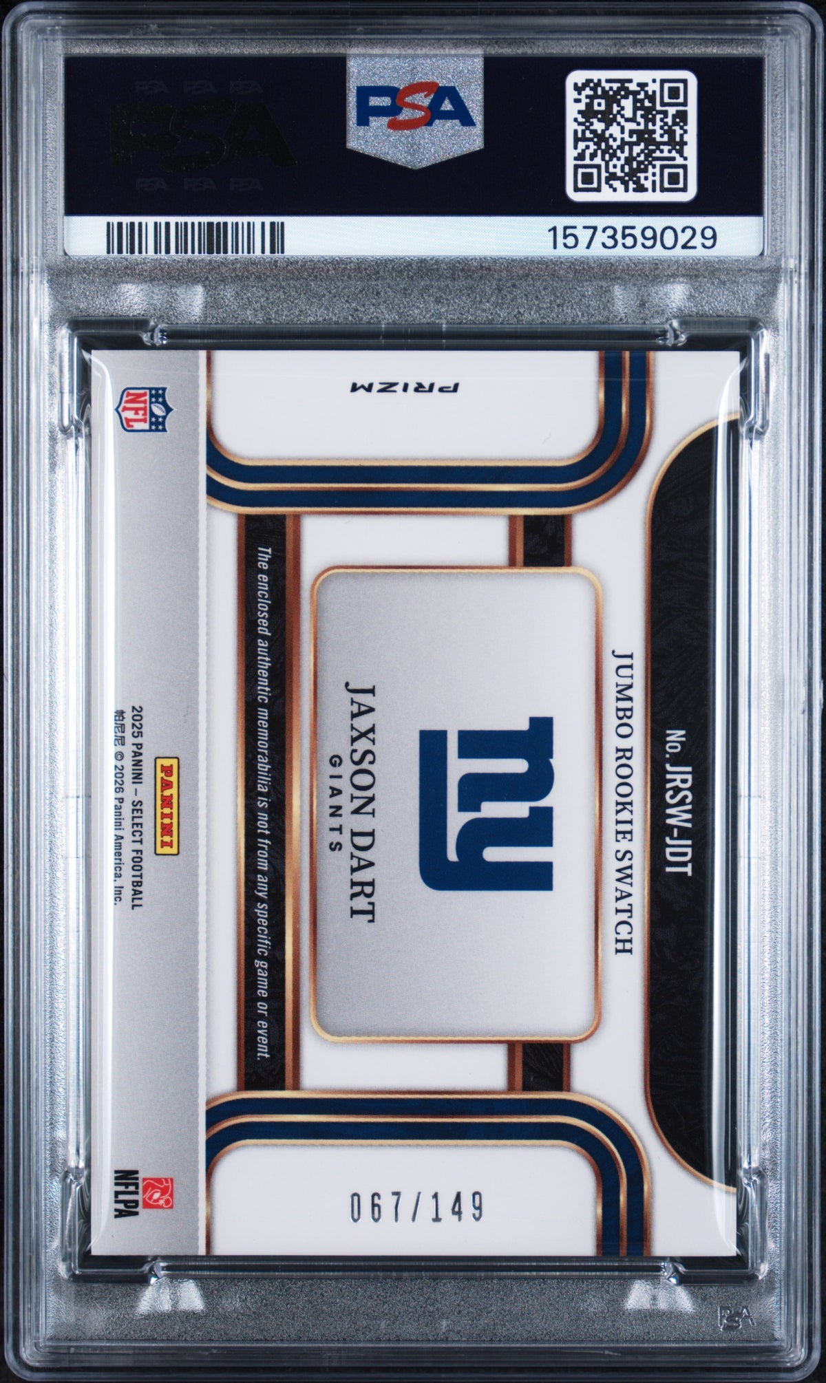 2025 Panini Select Jumbo Rookie Swatch Prizm Jaxson Dart #JRSW-JDT /149 PSA 7