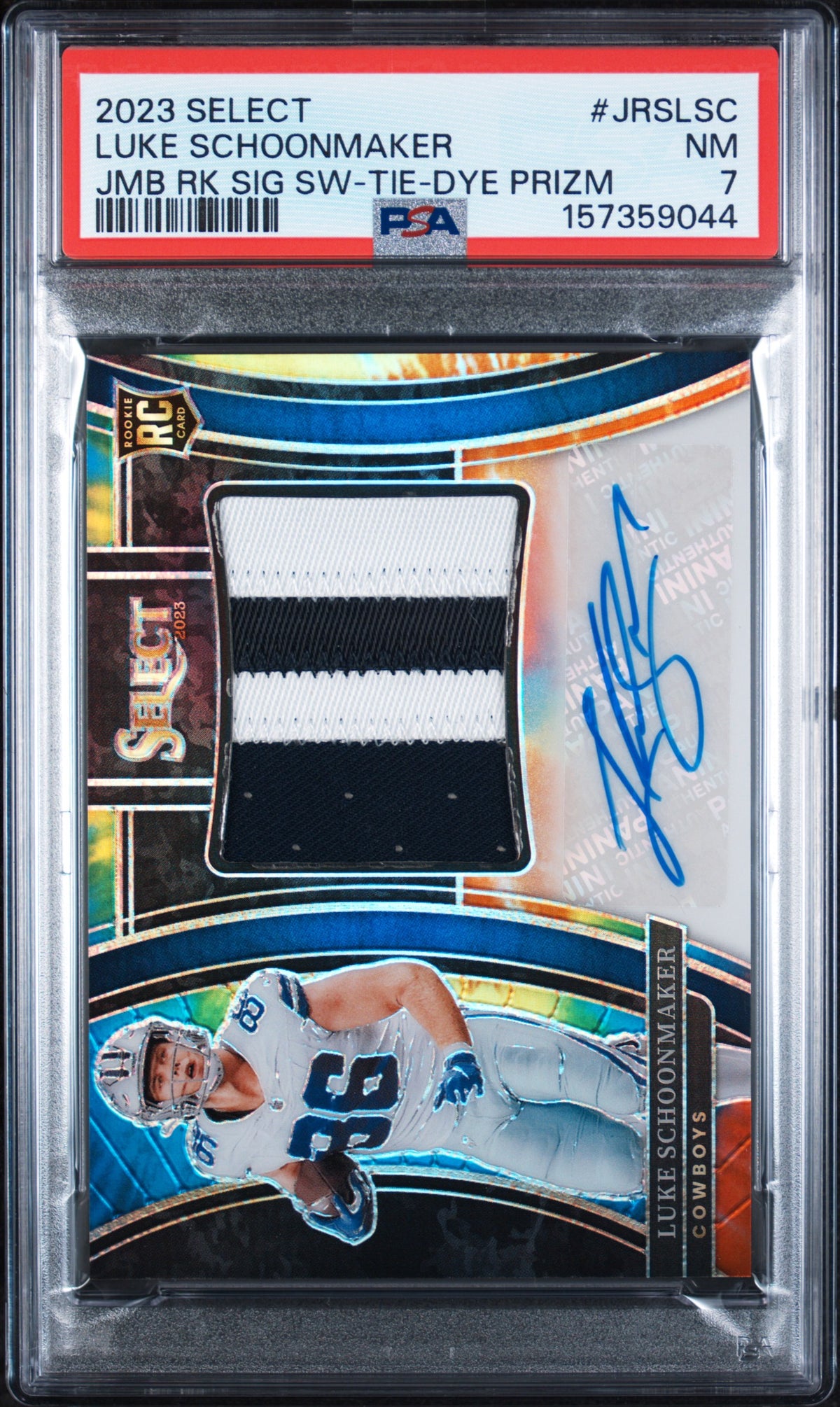 2023 Panini Select Jumbo Rookie Signature Swatches Jmb Rk Sig Sw-Tie-Dye Prizm Luke Schoonmaker #JRSLSC /25 PSA 7