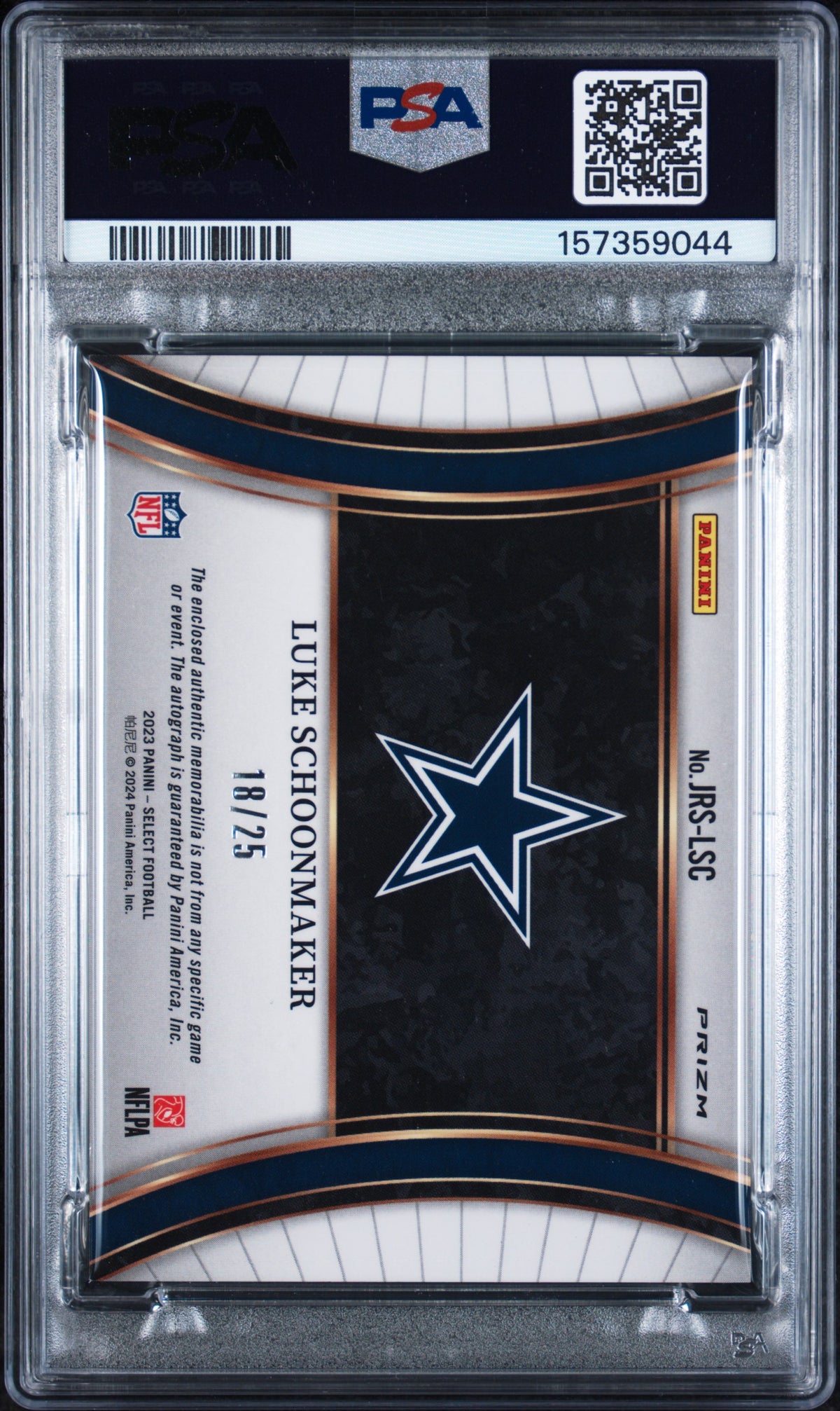 2023 Panini Select Jumbo Rookie Signature Swatches Jmb Rk Sig Sw-Tie-Dye Prizm Luke Schoonmaker #JRSLSC /25 PSA 7