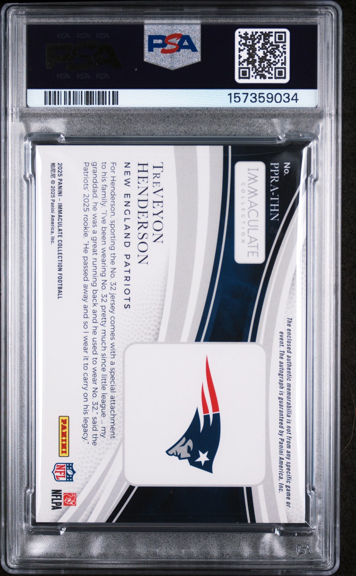 2025 Panini Immaculate Collection Premium Patch Rookie Autographs Treveyon Henderson #PPRA-THN /99 PSA 9