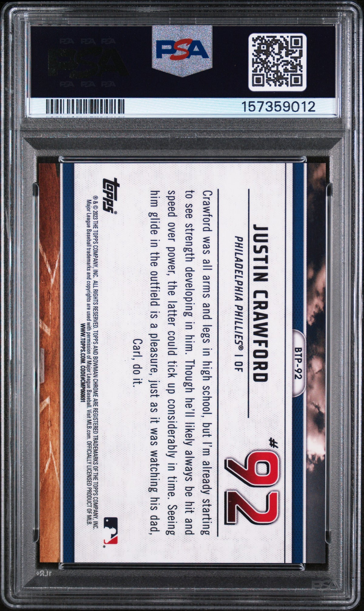 2023 Bowman Chrome Scouts Top 100 Red Refractors Justin Crawford #BTP92 /5 PSA 10