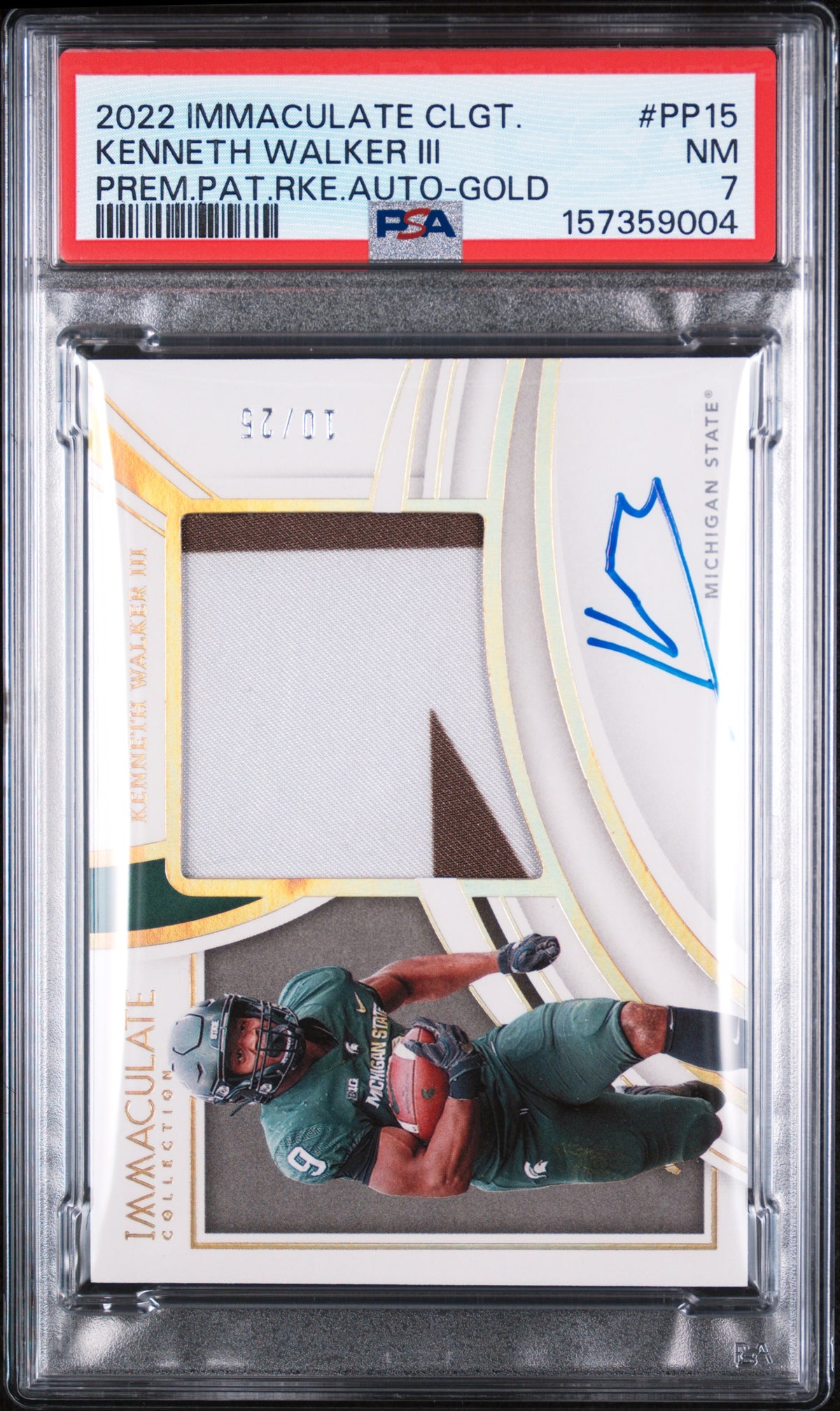 2022 Panini Immaculate Collection Collegiate Premium Patches Rookie Autographs Gold Kenneth Walker III #PP15 /25 PSA 7