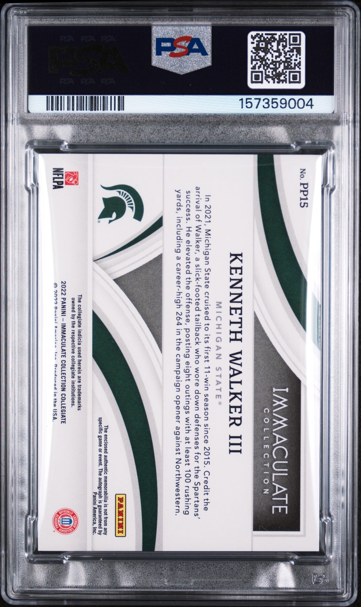 2022 Panini Immaculate Collection Collegiate Premium Patches Rookie Autographs Gold Kenneth Walker III #PP15 /25 PSA 7