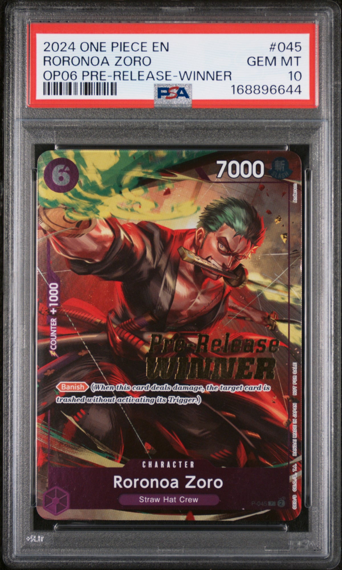 2024 One Piece Promo Wings of the Captain Prerelease Winner Roronoa Zoro #P045 PSA 10
