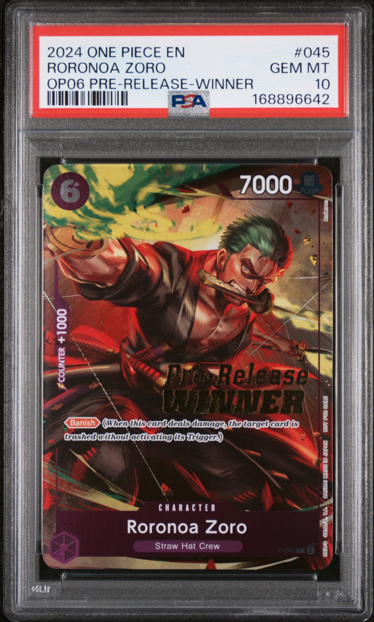 2024 One Piece Promo Wings of the Captain Prerelease Winner Roronoa Zoro #P045 PSA 10