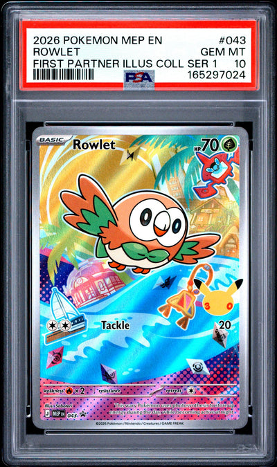 2026 Pokemon Black Star Promo Mega Evolution 30th Anniversary First Partner Illustration Collection Series 1 Rowlet #043 PSA 10