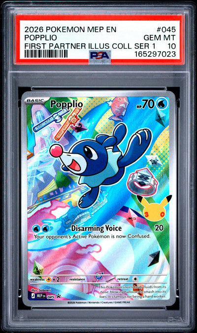 2026 Pokemon Mega Evolution Black Star Promo First Partner Illustration Collection Series 1 Popplio #45 PSA 10