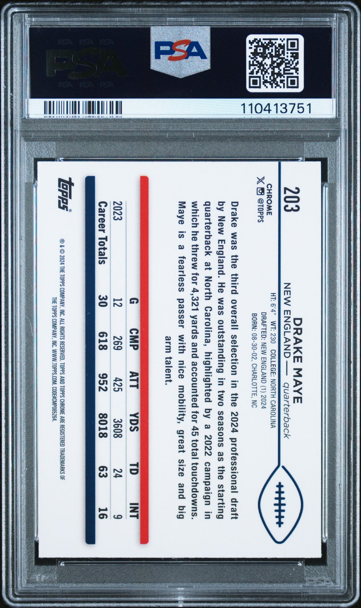 2024 Topps Chrome Green Refractors Drake Maye #203 /99 PSA 10