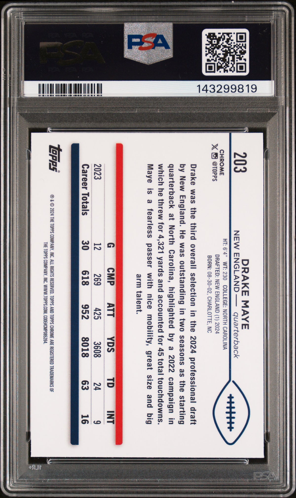 2024 Topps Chrome Yellow Wave Refractors Drake Maye #203 /75 PSA 10