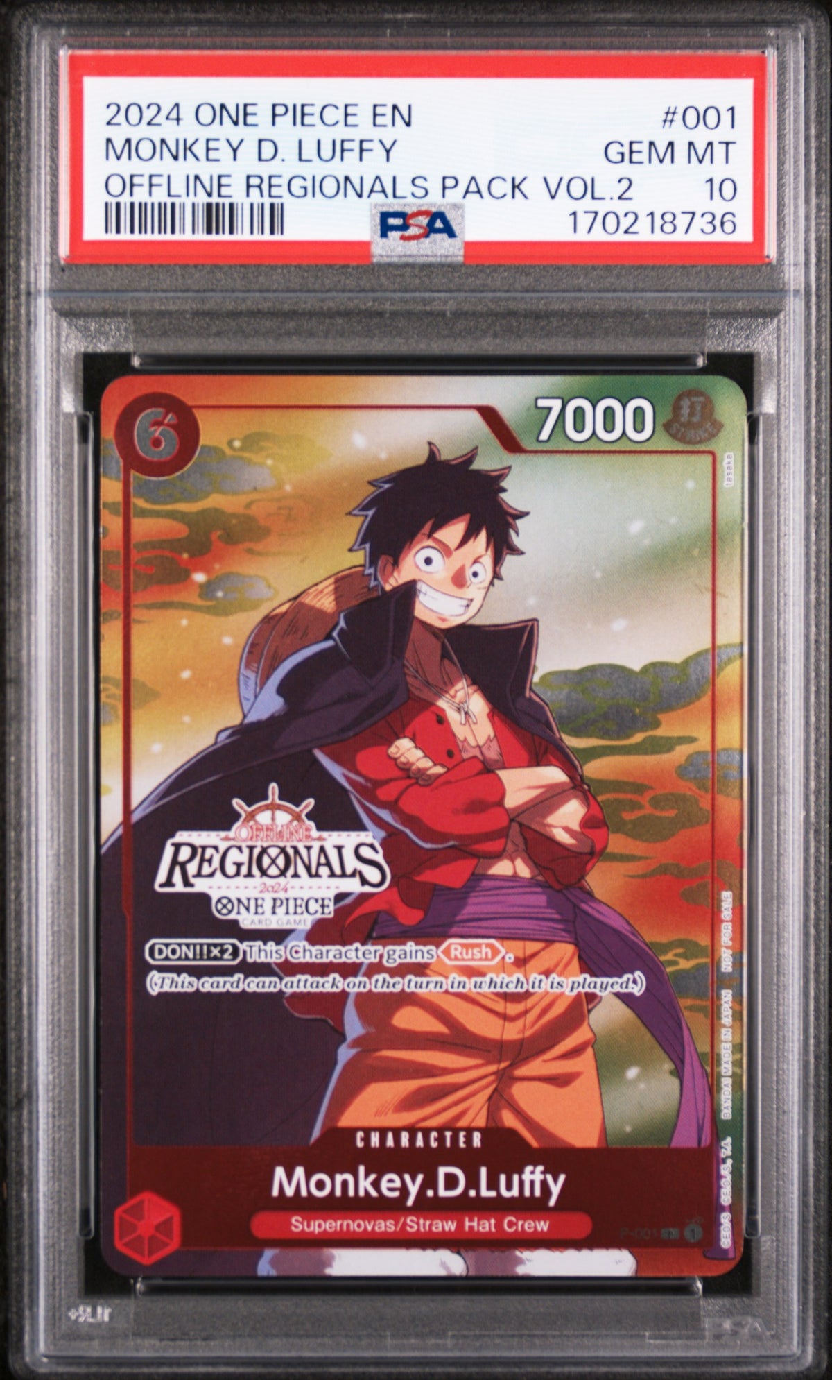 2024 One Piece Tournament Promo Offline Regionals Pack Volume 2 Monkey D. Luffy #P-001 PSA 10