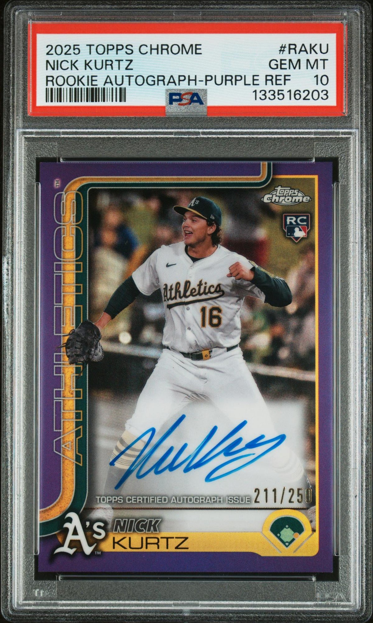 2025 Topps Chrome Rookie Autographs Purple Refractors Nick Kurtz #RAKU /250 PSA 10