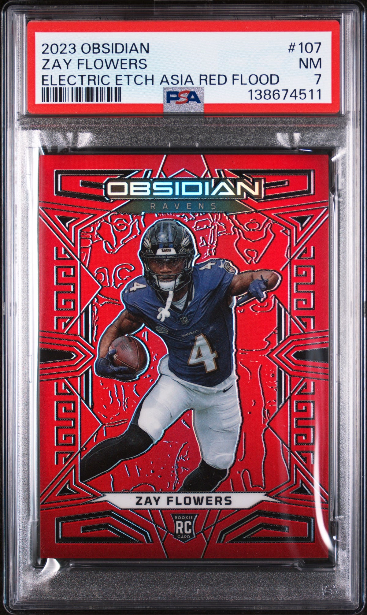 2023 Panini Obsidian Electric Etch Asia Red Flood Zay Flowers #107 /90 PSA 7