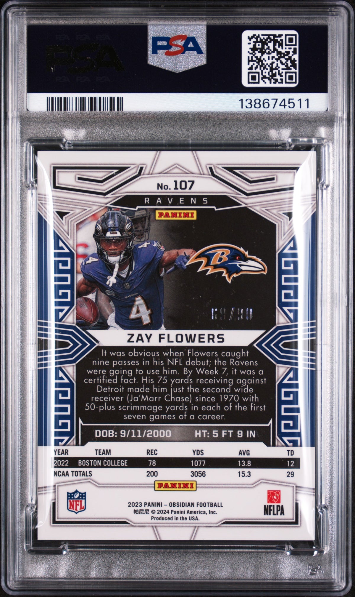 2023 Panini Obsidian Electric Etch Asia Red Flood Zay Flowers #107 /90 PSA 7