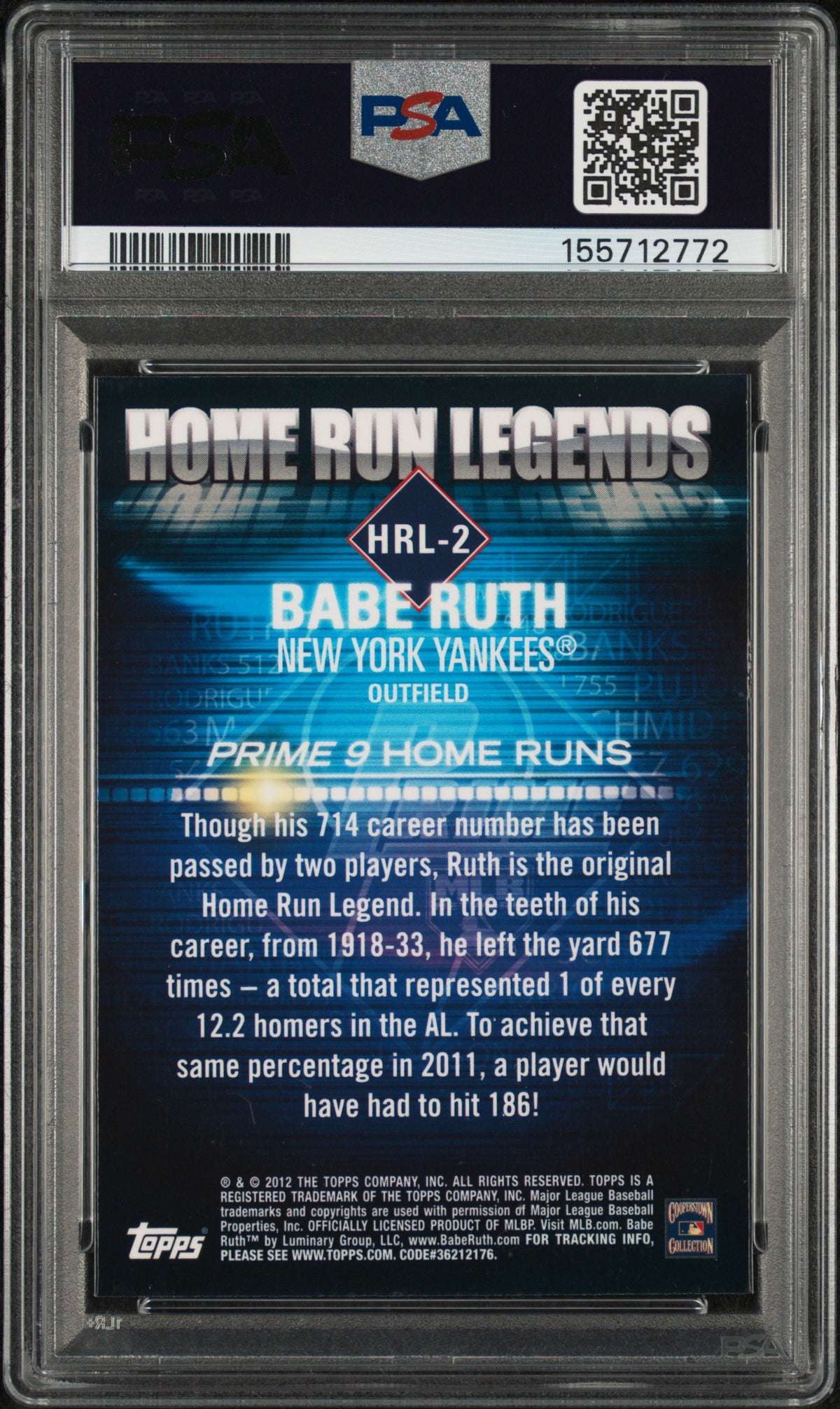 2012 Topps Prime Nine Home Run Legends Babe Ruth #HRL2 PSA 10