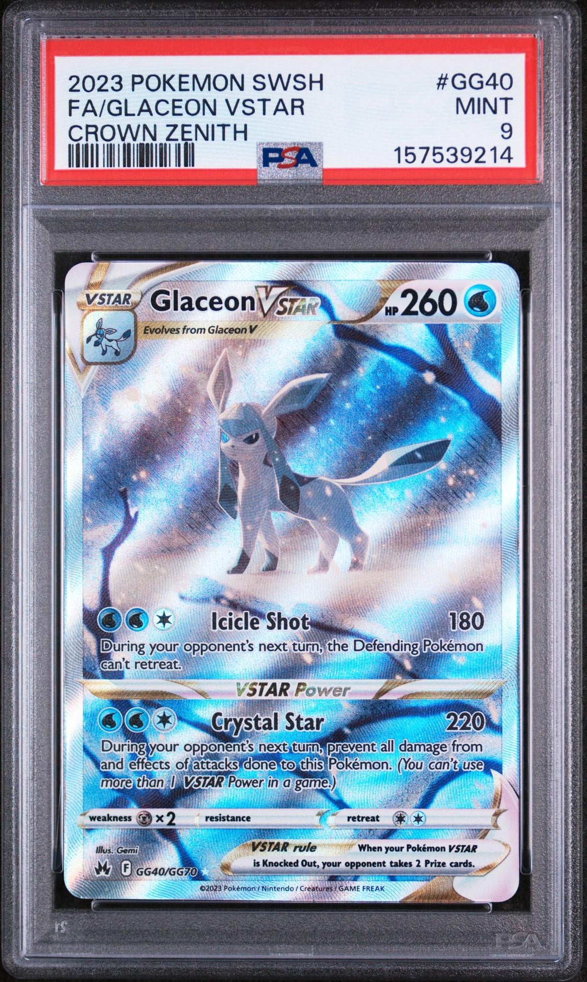 2023 Pokemon Sword and Shield Crown Zenith Glaceon Vstar #GG40 PSA 9