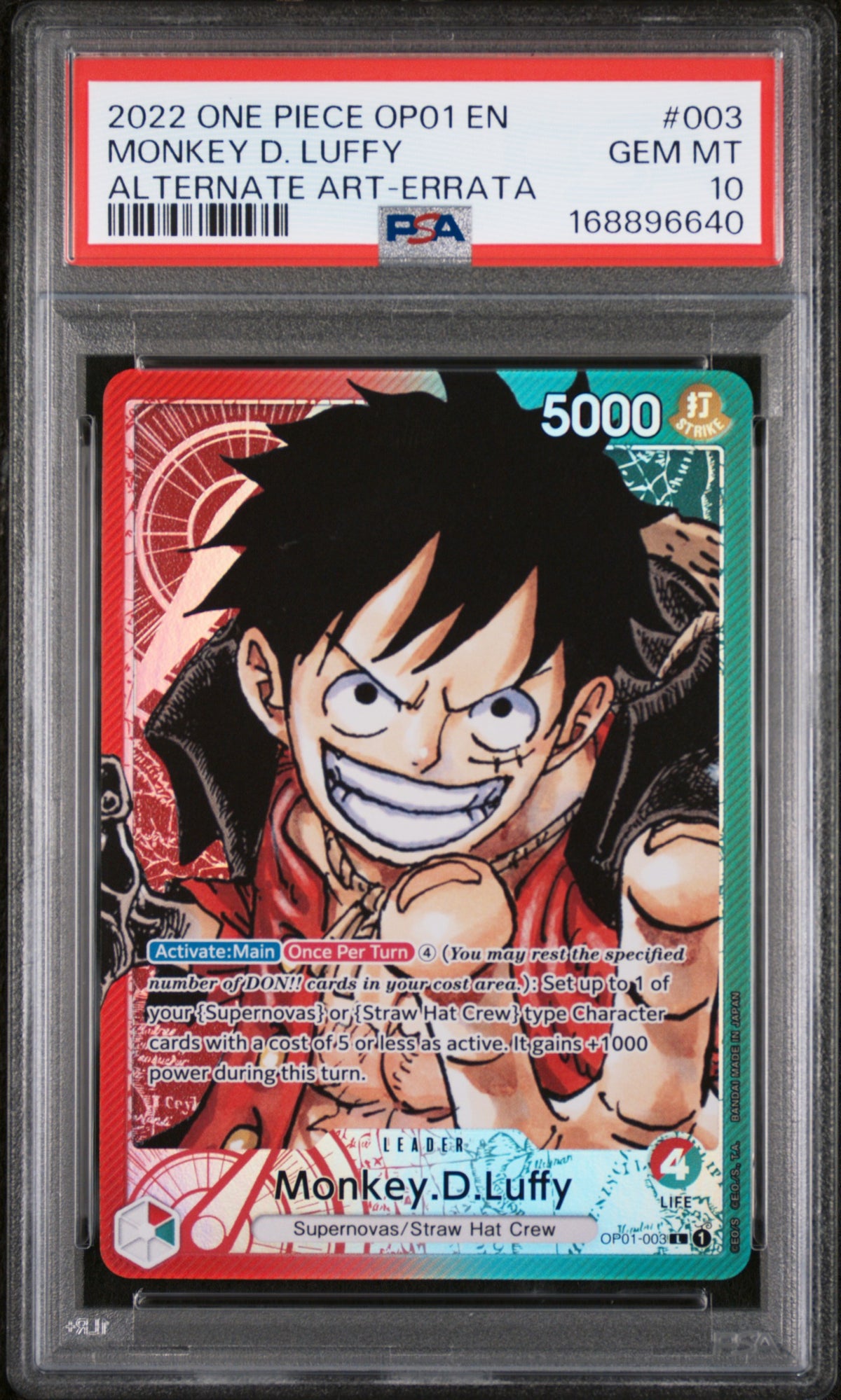 2022 One Piece Romance Dawn Alternate Art Errata Monkey D. Luffy #OP01003 PSA 10