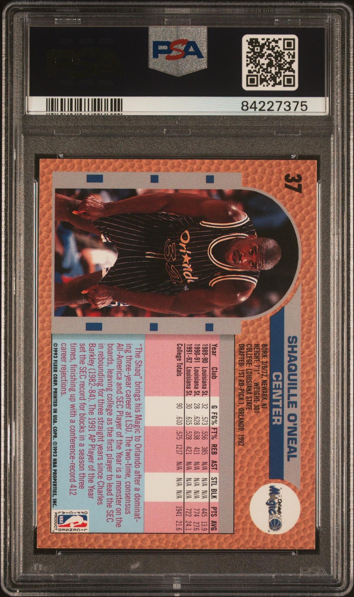 1992 Fleer Drake's Shaquille O'Neal #37 PSA 6