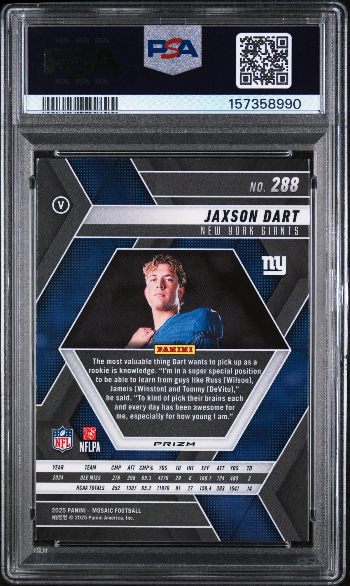 2025 Panini Mosaic Rookie Variation Purple Scope Jaxson Dart #288 PSA 10