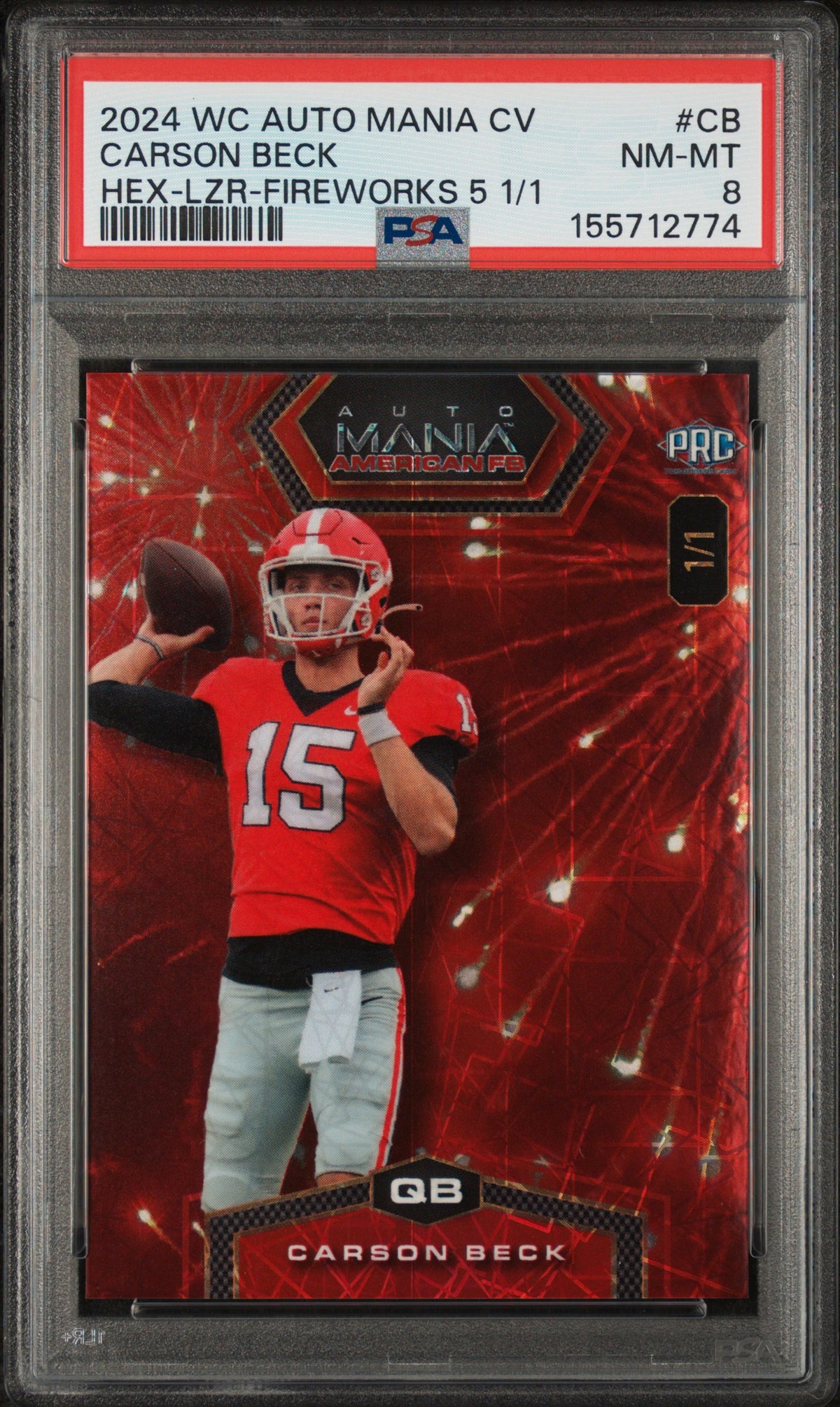 2024 Wild Card Auto Mania American Football Clearview National Exclusives Hex-Lzr-Fireworks 5 1/1 Carson Beck #CB PSA 8
