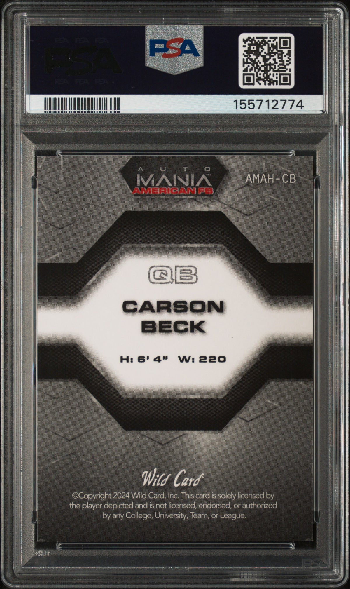 2024 Wild Card Auto Mania American Football Clearview National Exclusives Hex-Lzr-Fireworks 5 1/1 Carson Beck #CB PSA 8