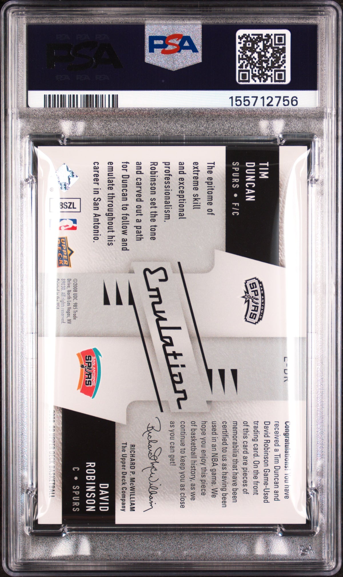 2008 Upper Deck Emulation Dual Memorabilia David Robinson/Tim Duncan #E-DR PSA 6