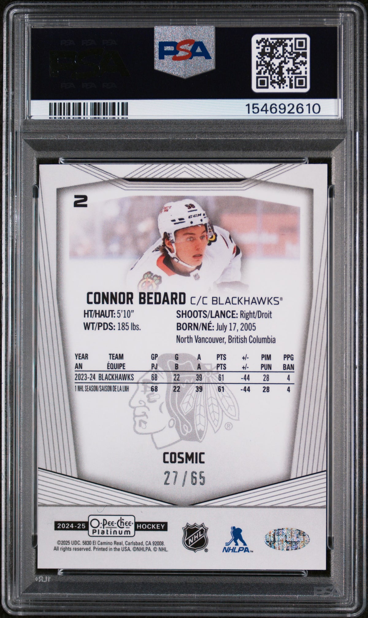2024 O-Pee-Chee Platinum Cosmic Connor Bedard #2 /65 PSA 9