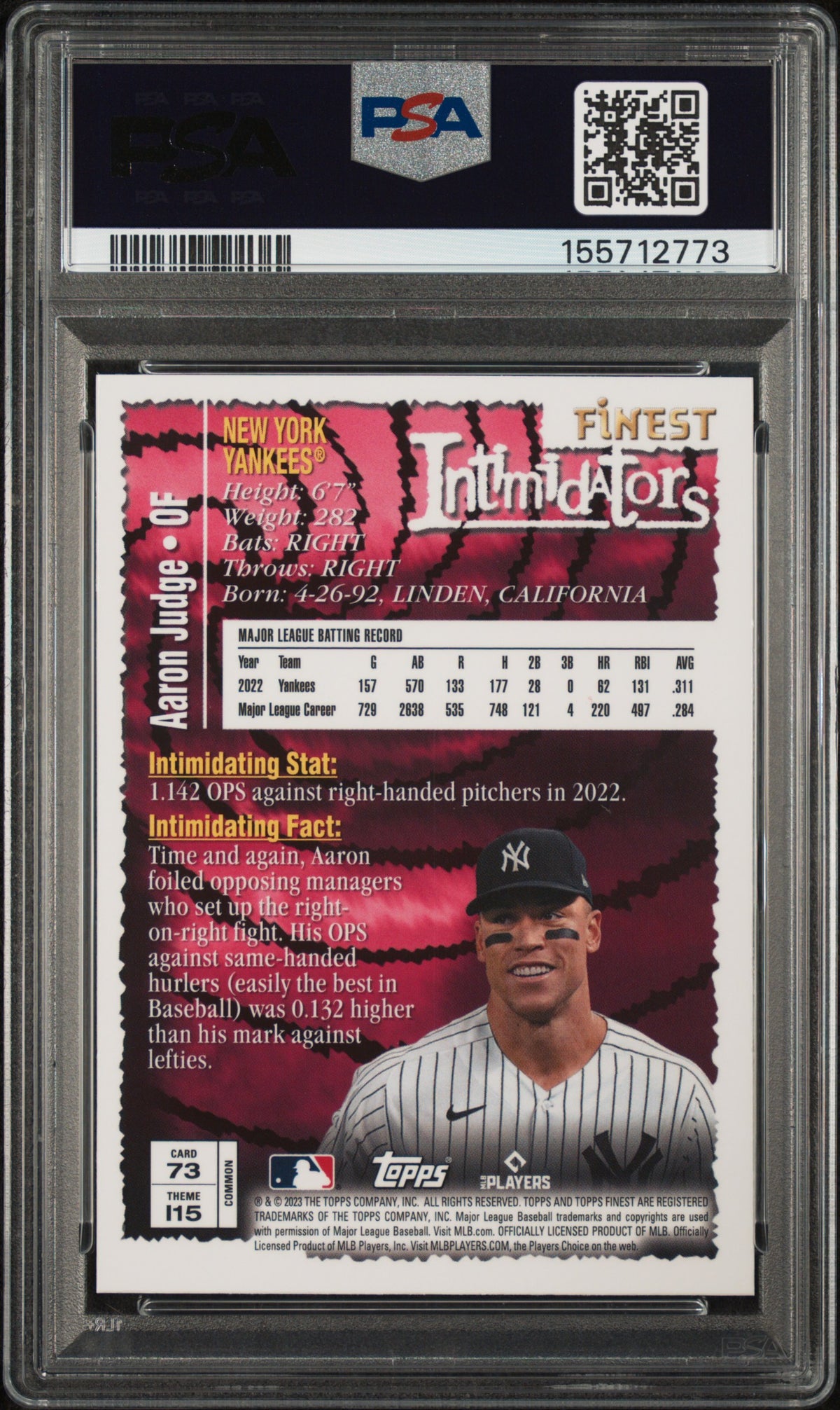 2023 Finest Flashbacks Aaron Judge #73 Finest Intimidators PSA 9