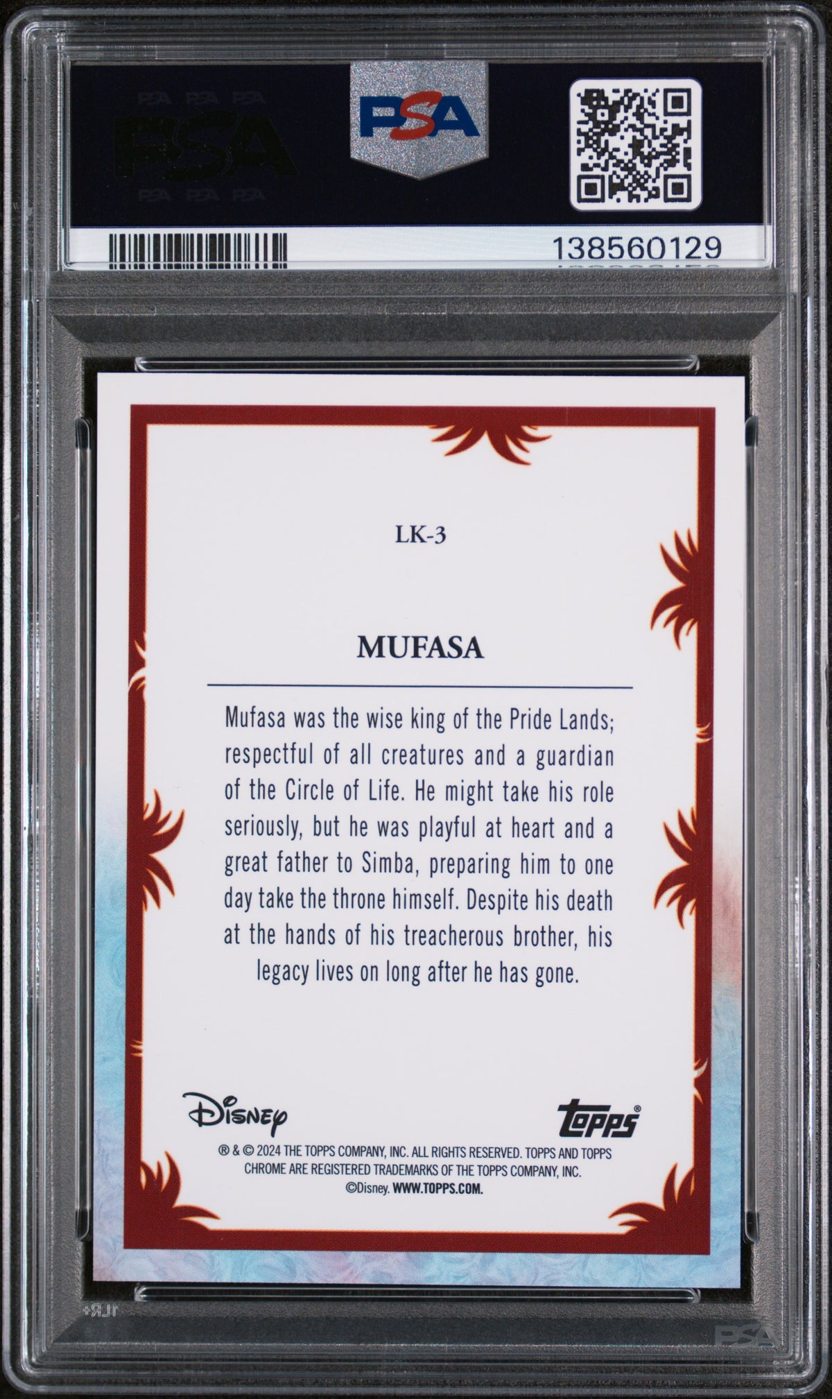 2024 Topps Chrome Uk Disney the Lion King 30th Anniversary Mufasa #LK3 PSA 10