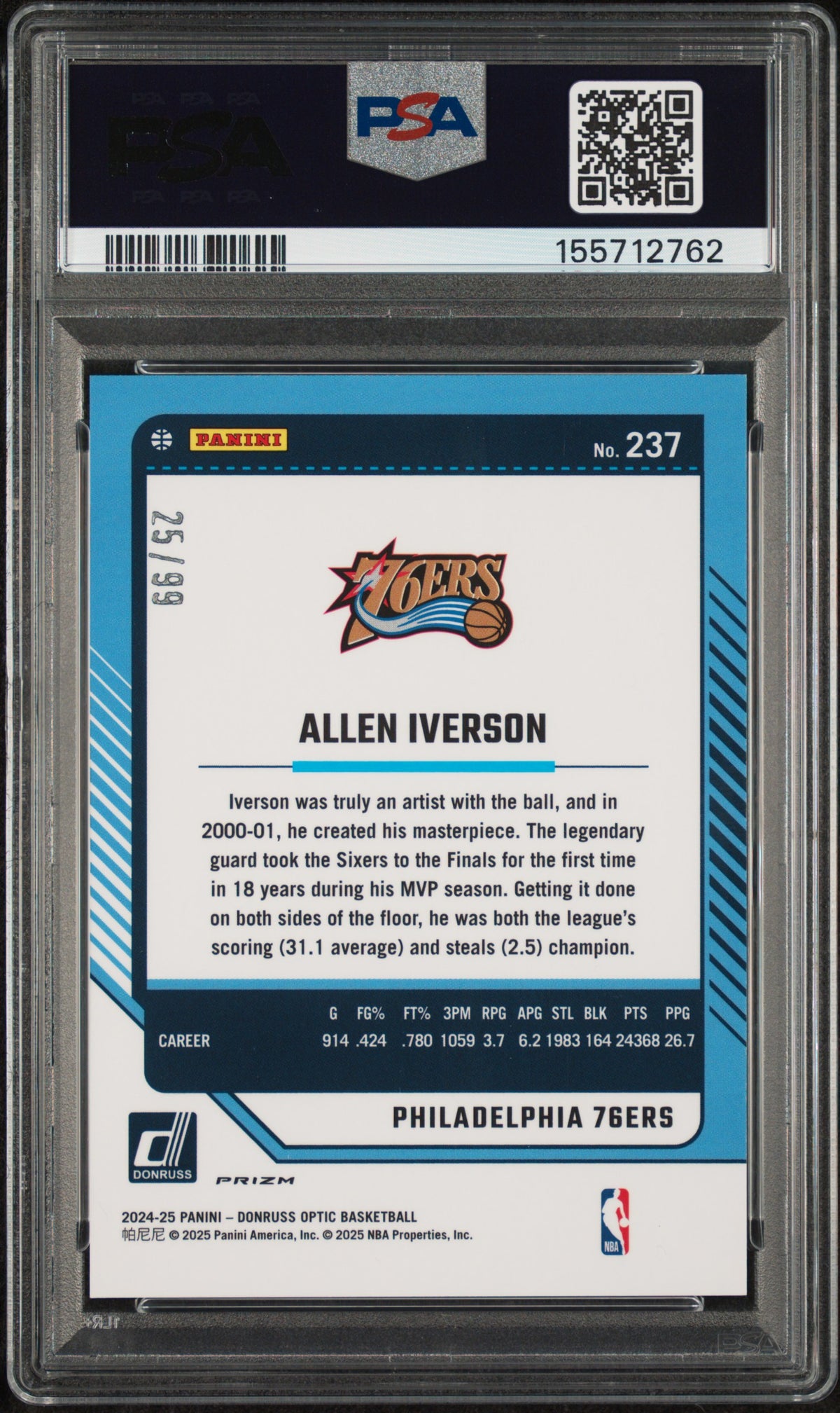 2024 Panini Donruss Optic Red Allen Iverson #237 /99 PSA 9 155712762