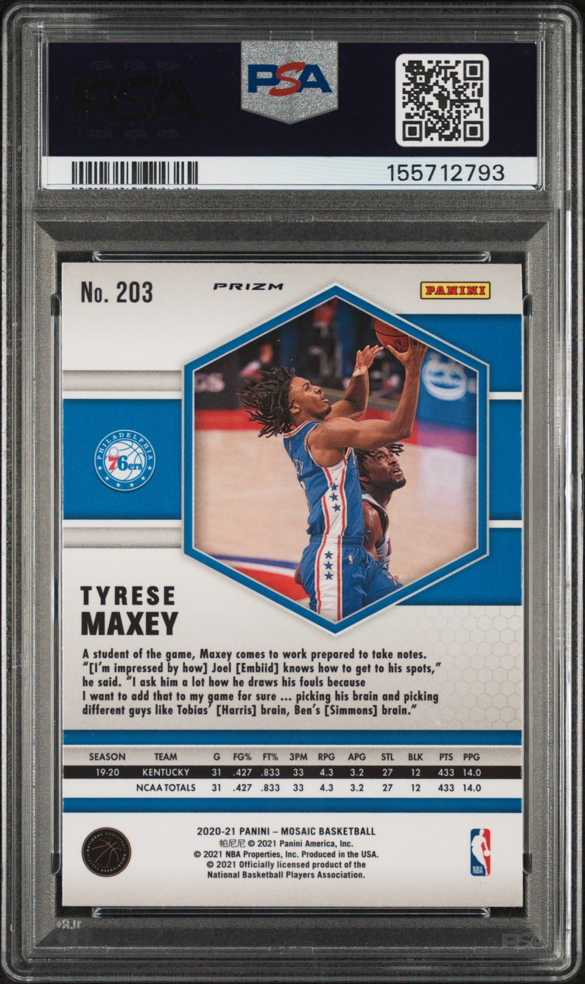 2020 Panini Mosaic Reactive Yellow Mosaic Tyrese Maxey #203 PSA 10
