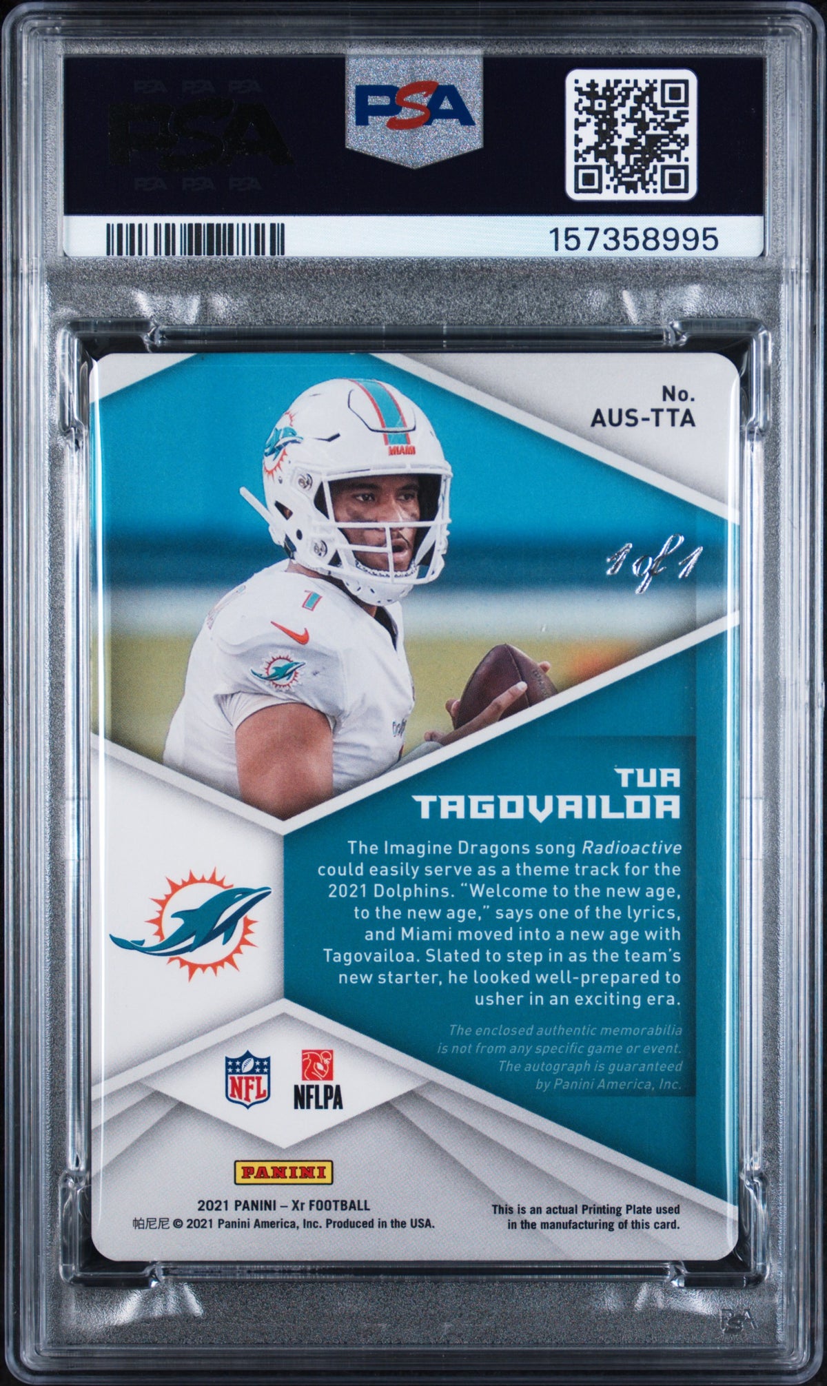 2021 Panini XR Autographed Swatches Auto.Swatch-Ylw.Pp 1/1 Tua Tagovailoa #TTA PSA 7