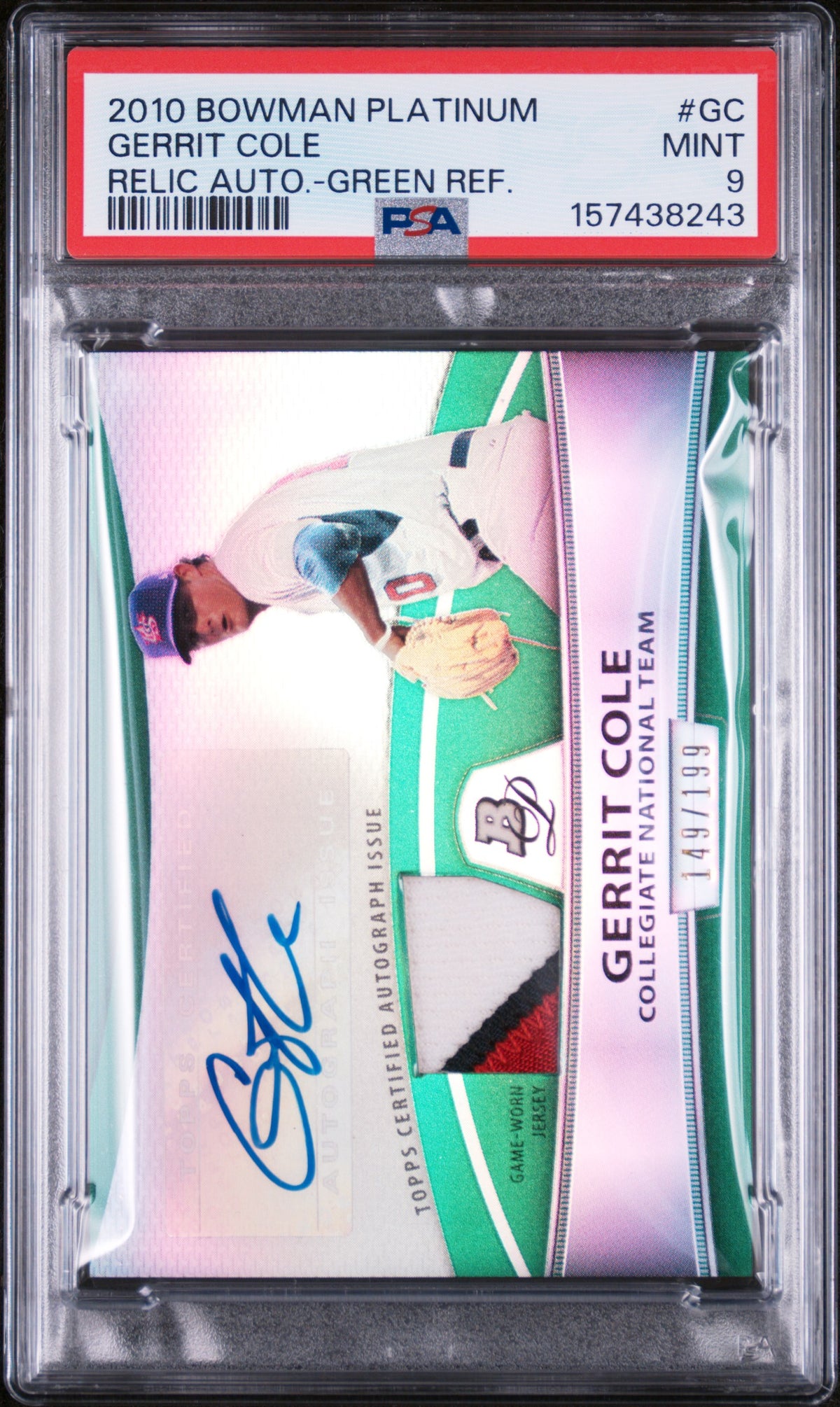2010 Bowman Platinum Relic Autographs Green Refractor Gerrit Cole #GC /199 PSA 9