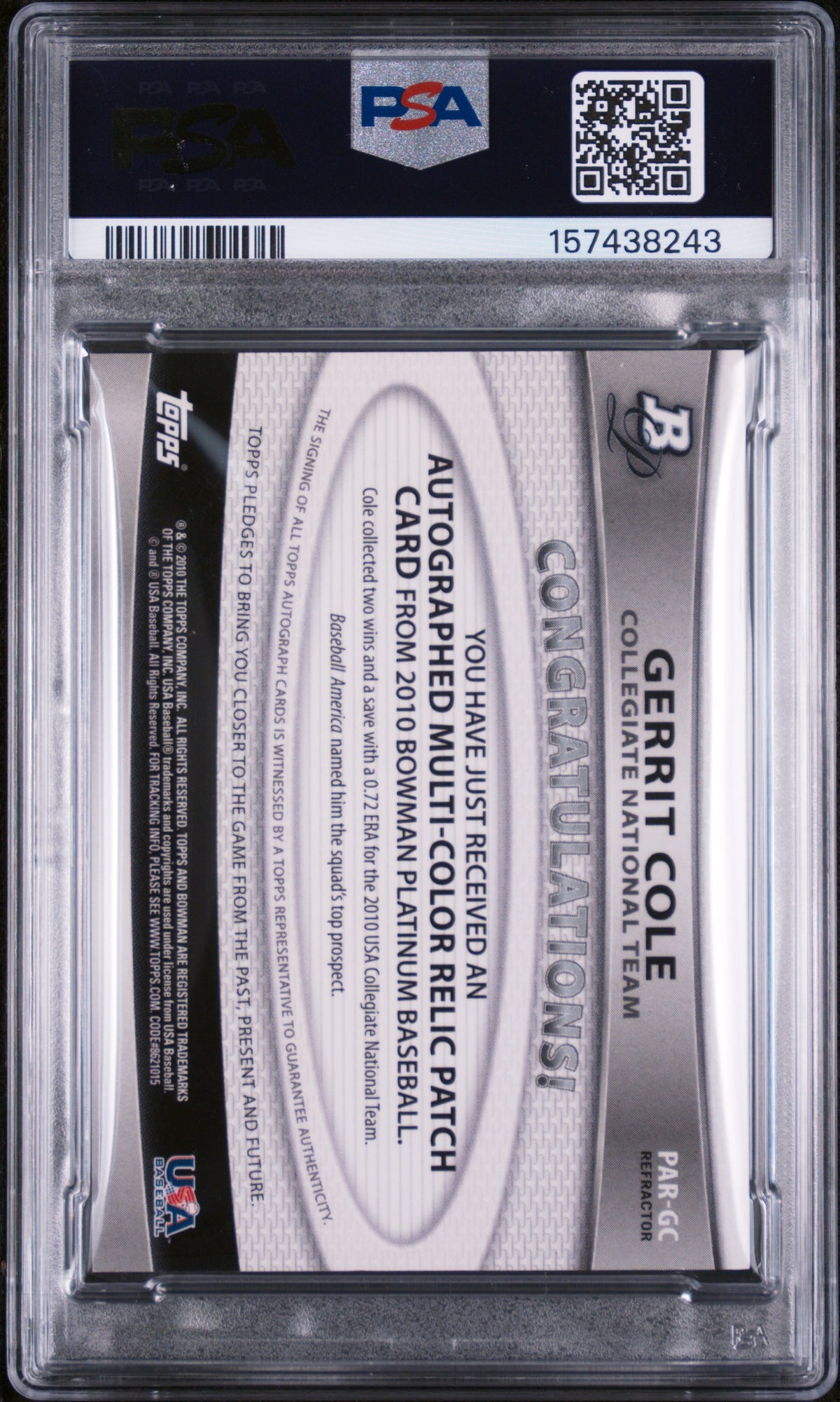 2010 Bowman Platinum Relic Autographs Green Refractor Gerrit Cole #GC /199 PSA 9