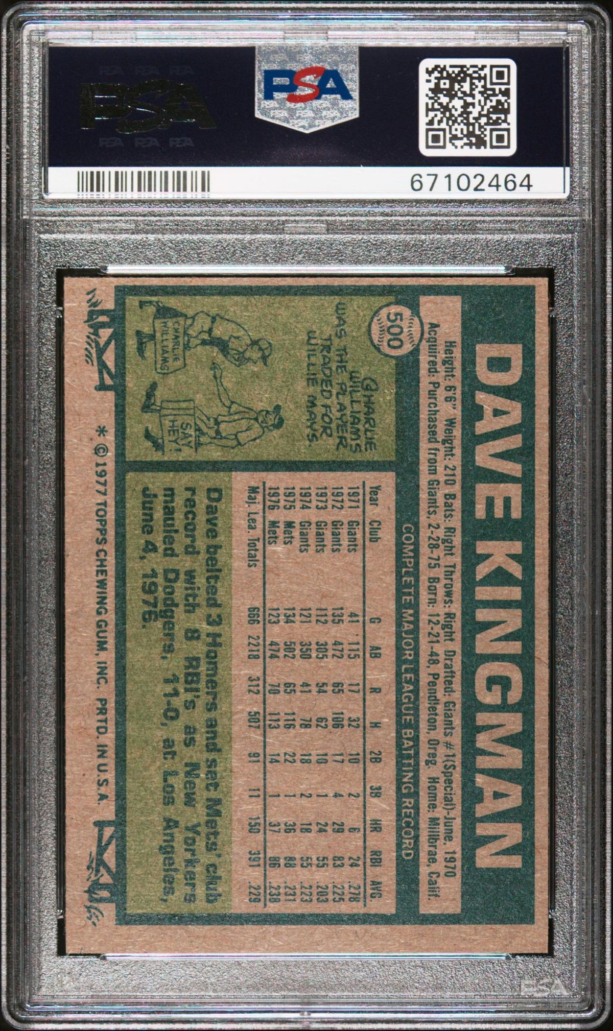 1977 Topps Dave Kingman #500 PSA 7