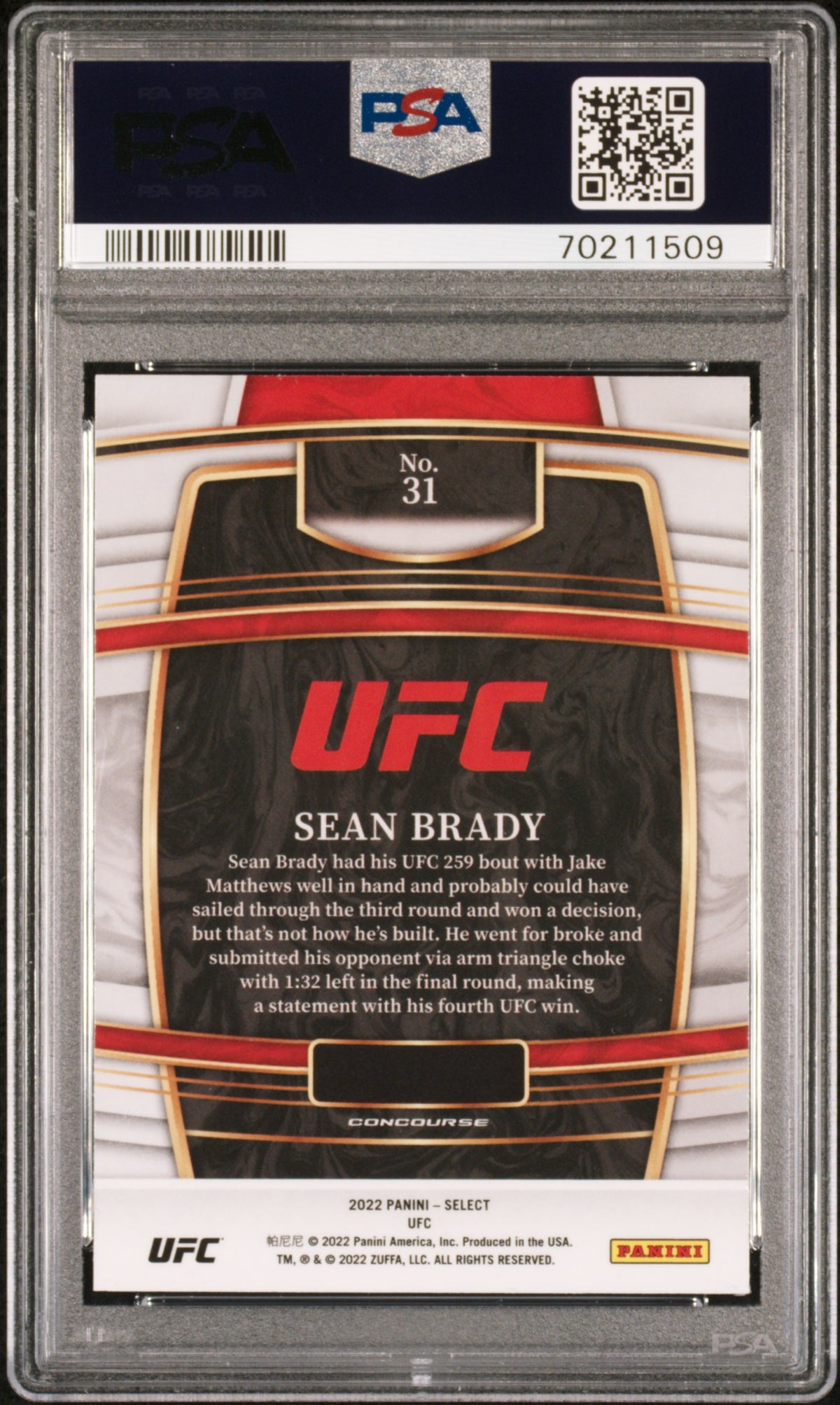 2022 Select UFC Blue Sean Brady #31 PSA 10