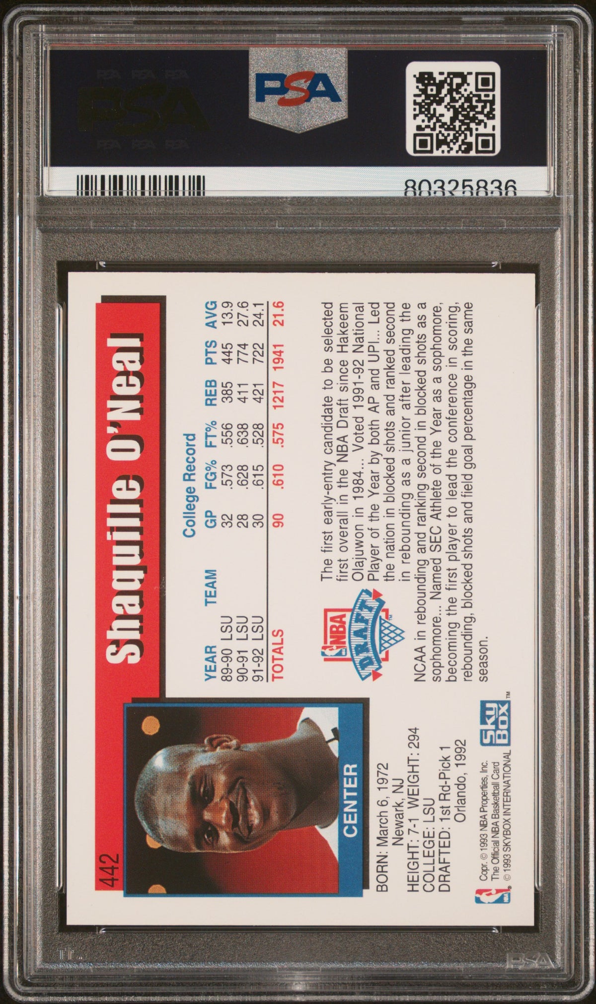 1992 Hoops Shaquille O'Neal #442 PSA 7