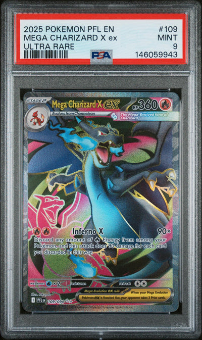 2025 Pokemon Mega Evolution Phantasmal Flames Ultra Rare Mega Charizard X Ex #109 PSA 9