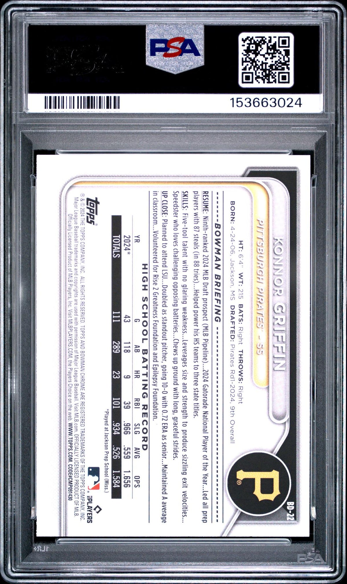 2024 Bowman Draft Konnor Griffin #BD22 PSA 9