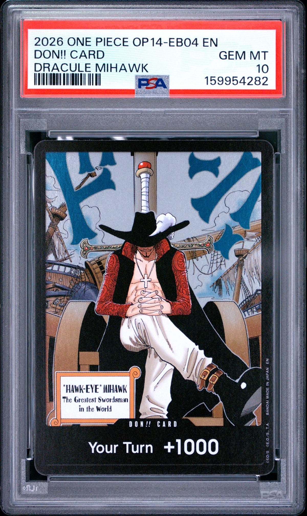 One Piece Card Game Dracule Mihawk DON!! Card OP14-EB04 PSA 10