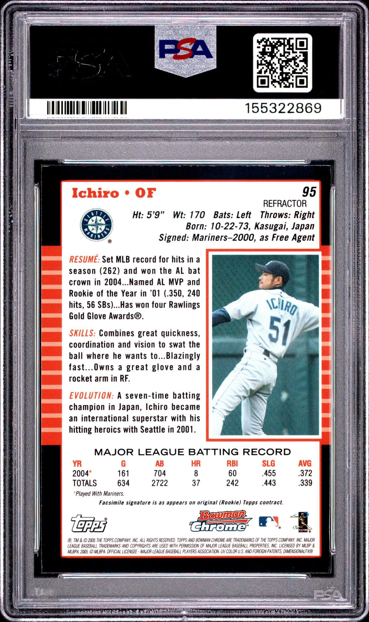 2005 Bowman Chrome Refractor Ichiro Suzuki #95 PSA 9