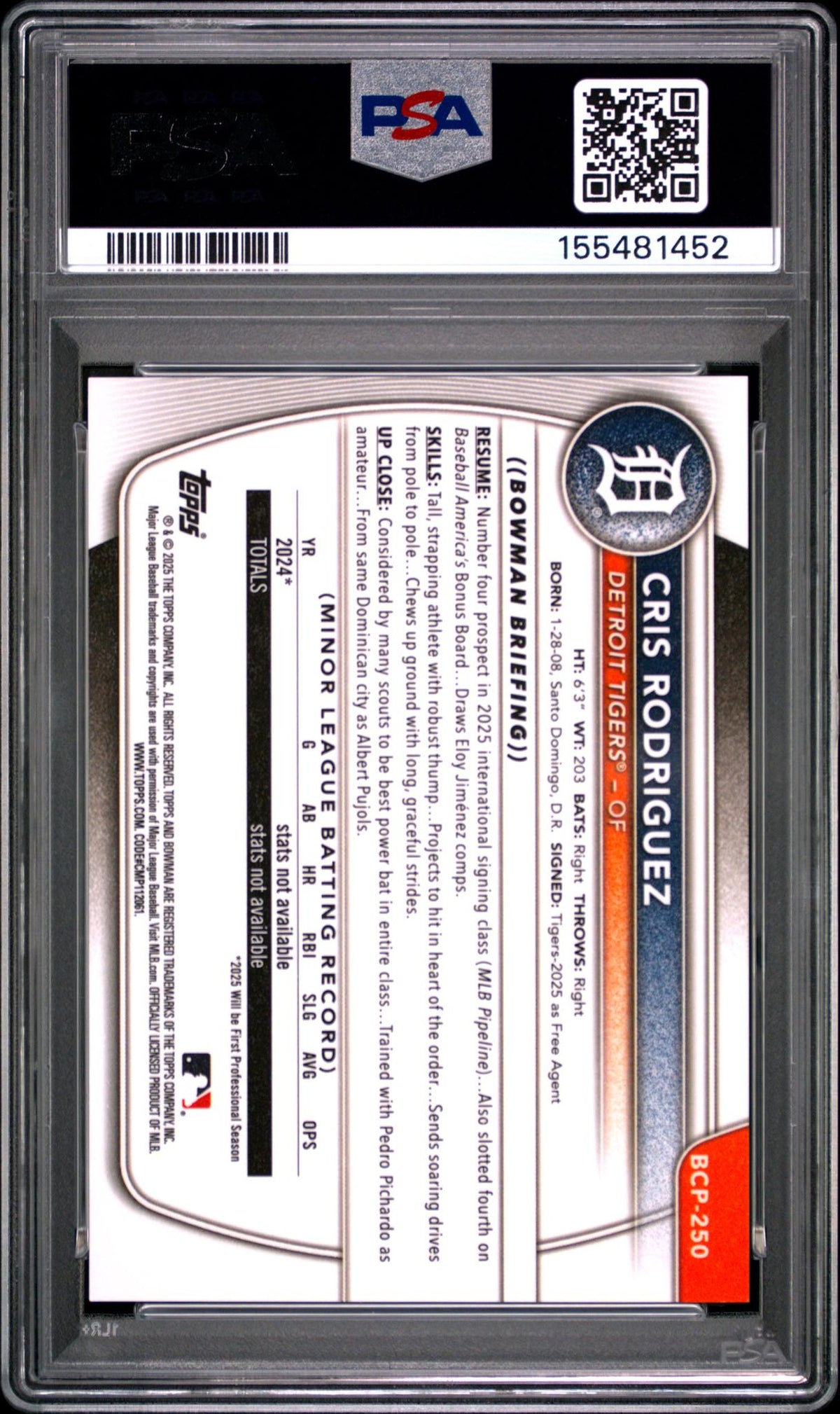 2025 Bowman Chrome Prospects Aqua Pulsar Refractors Cris Rodriguez #BCP250 /125 PSA 9
