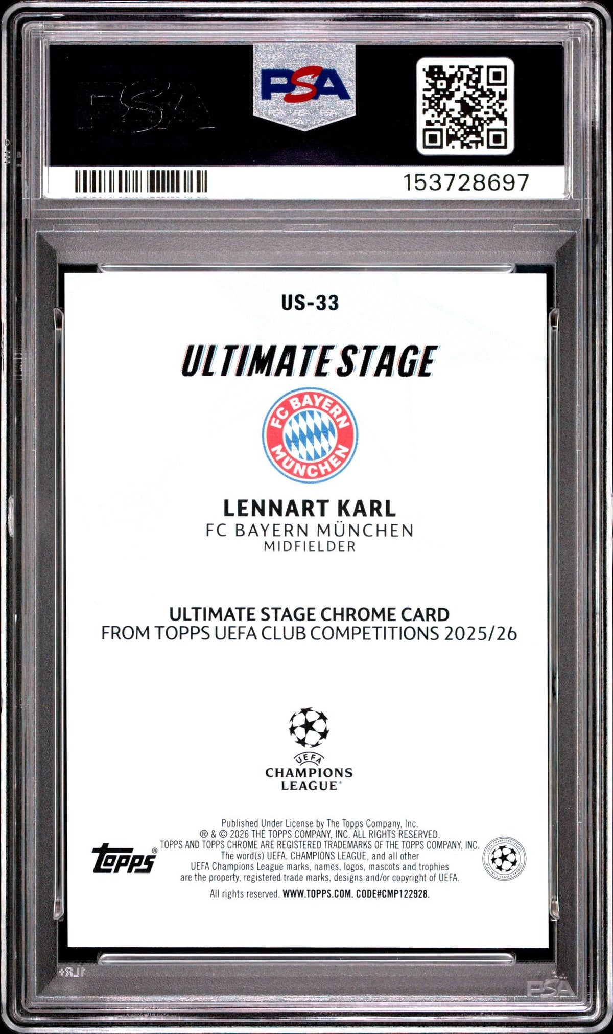 2025 Topps UEFA Club Competitions Ultimate Stage Chrome Lennart Karl #US33 PSA 10