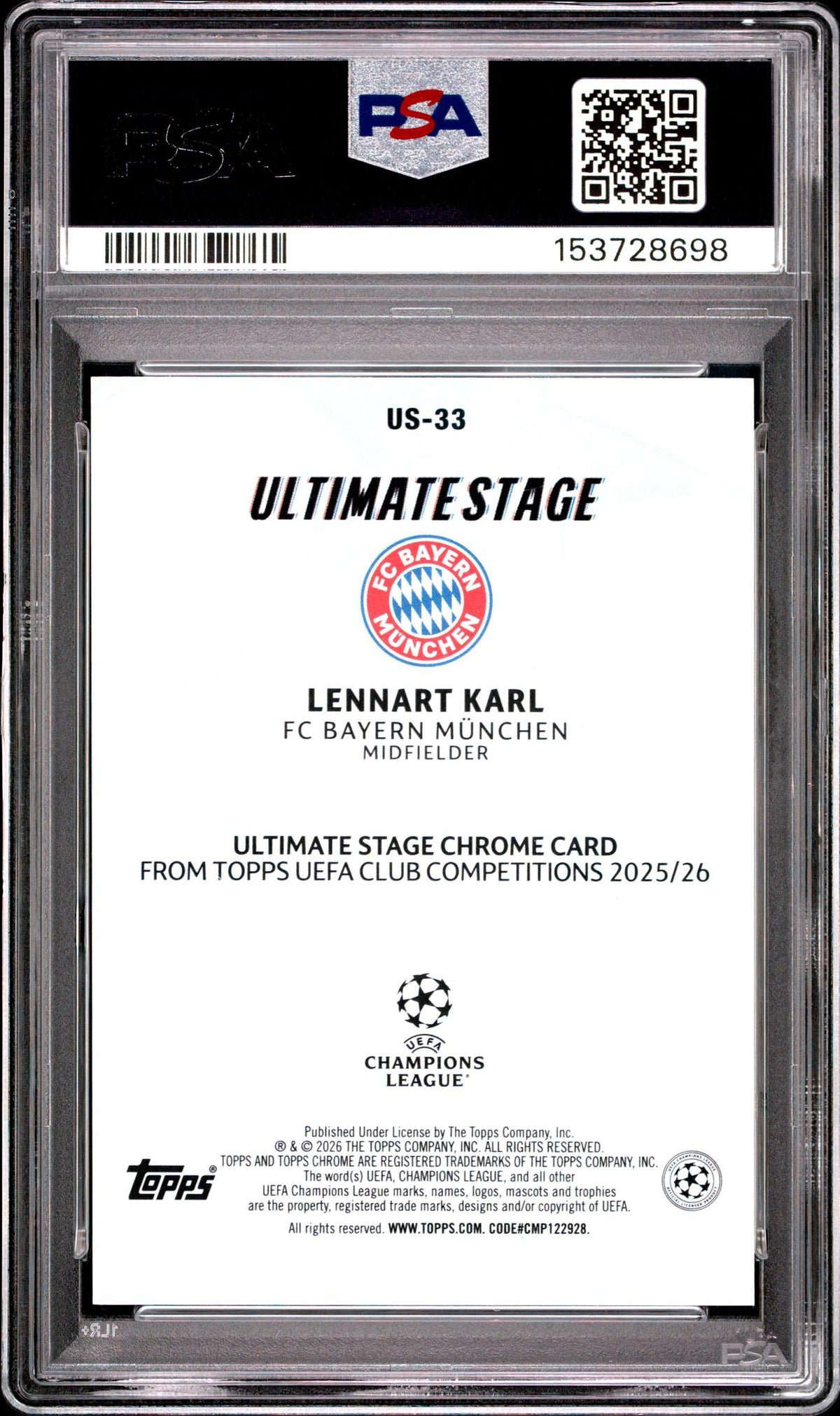 2025 Topps UEFA Club Competitions Ultimate Stage Chrome Lennart Karl #US33 PSA 10
