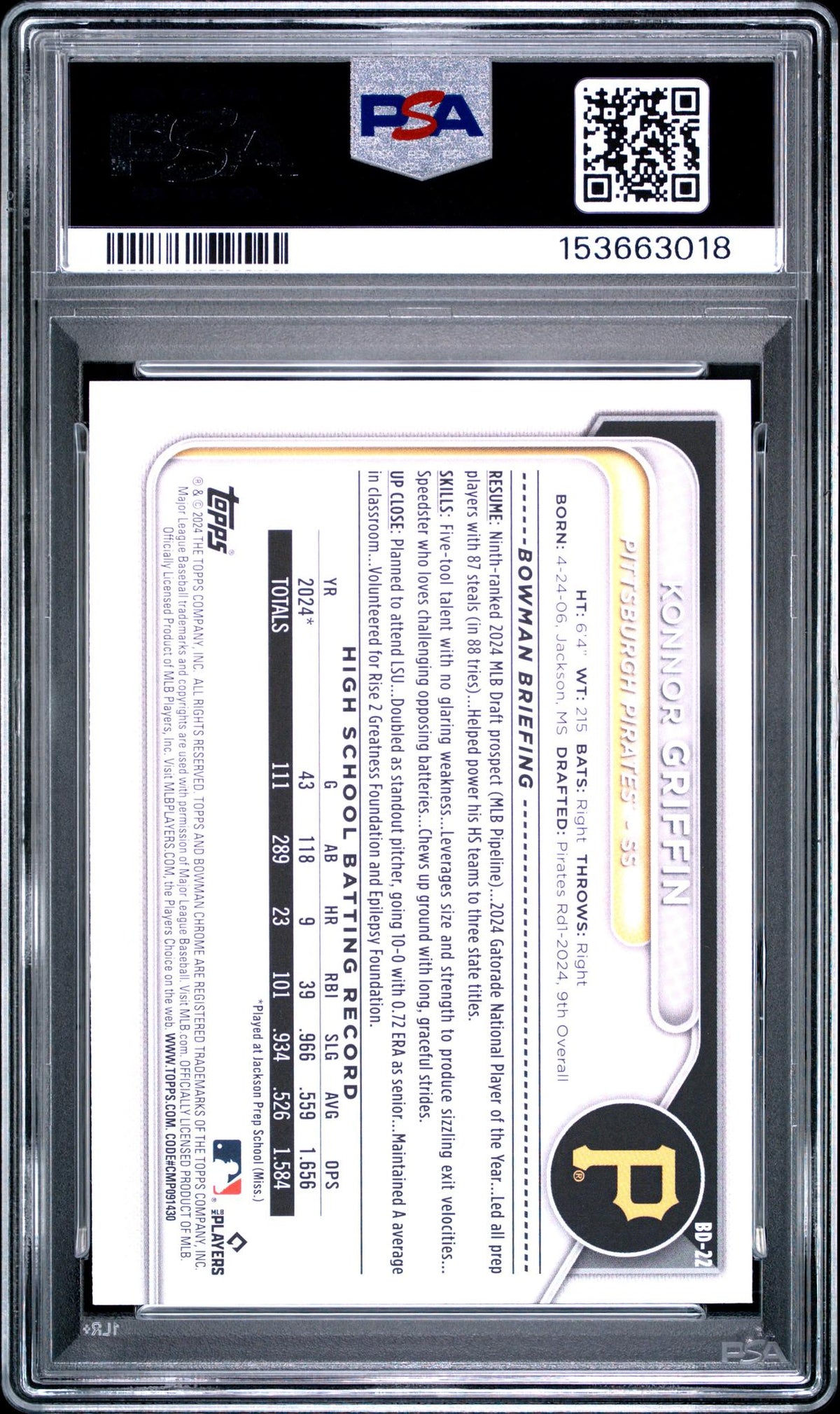 2024 Bowman Draft Konnor Griffin 1st Bowman #BD22 PSA 9